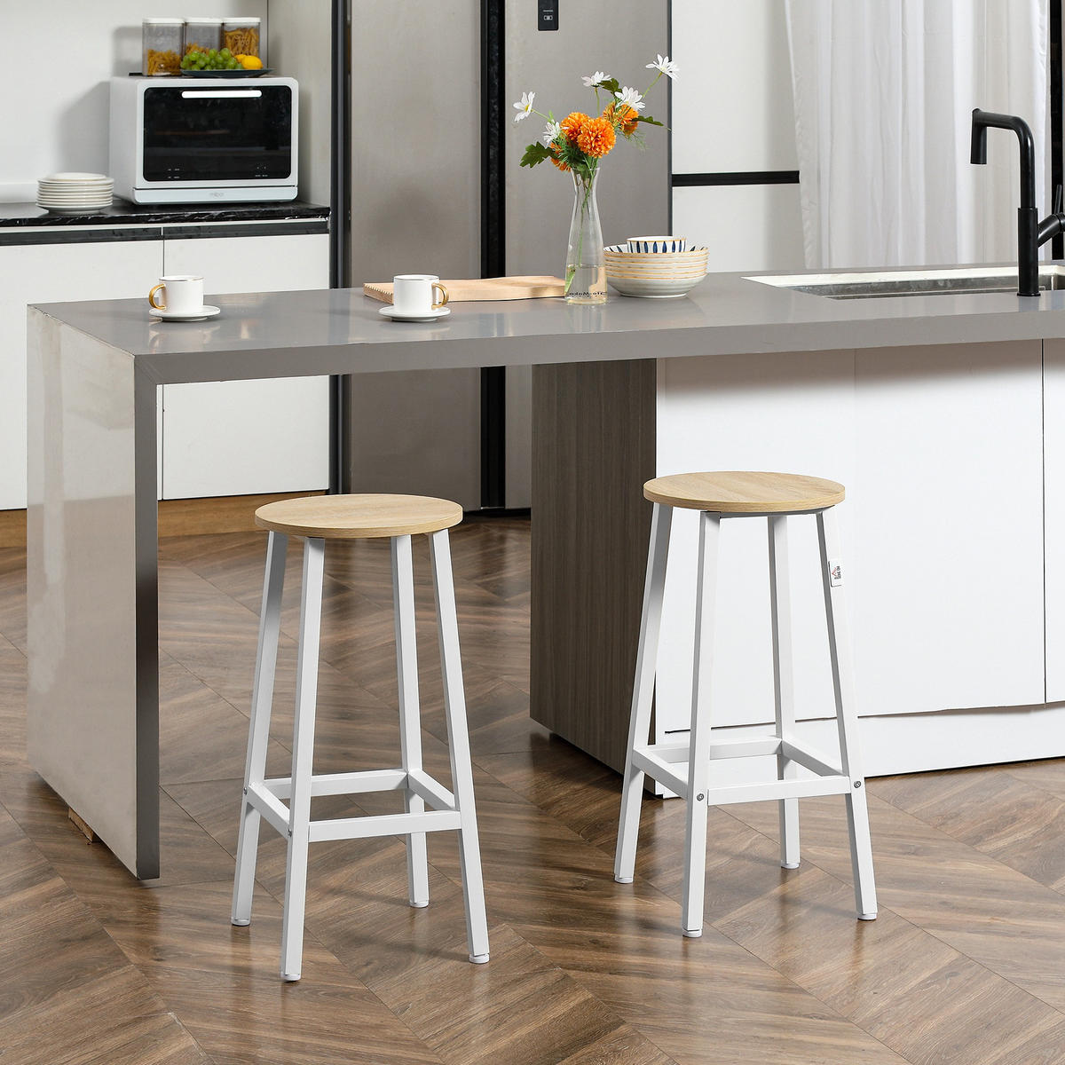 BARHOCKER 2er-Set DE-14751 ohne Rückenlehne, mit Fußstütze Weiß/Holzoptik - Naturfarben, Holzwerkstoff (32.5/65/32.5cm) - ComfortXL