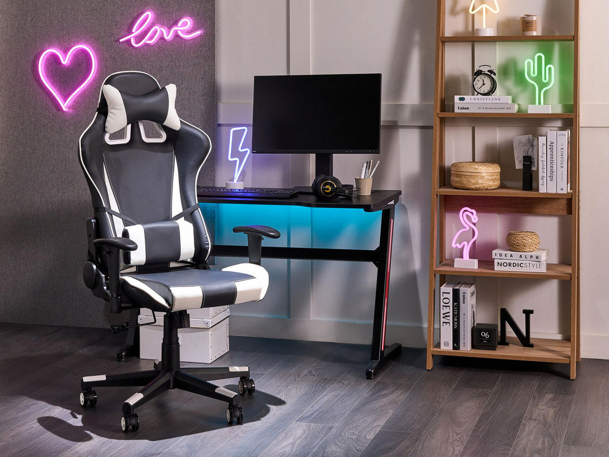 BÜROSTUHL Kunstleder Schwarz/Weiß Gamer - Schwarz, Kunststoff/Textil (71/125/71cm) - Beliani