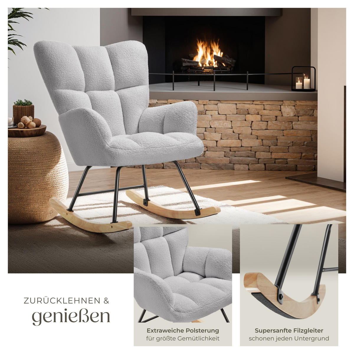 SCHAUKELSTUHL Torve,68 x 96 x 97 cm, Belastbarkeit 120 kg,Bouclé hellgrau - Hellgrau, Kunststoff (70/97/96cm) - tectake