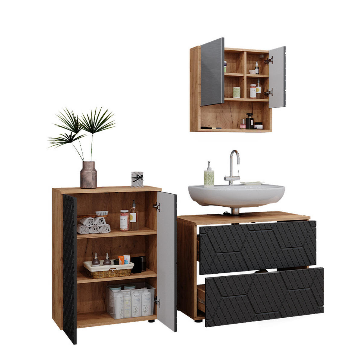 BADMÖBEL-SET Irma Anthrazit gestreift 3 Teile, mit Unterschrank 80 cm - Honigeiche/Anthrazit, Holzwerkstoff (80/58/41cm) - Vicco