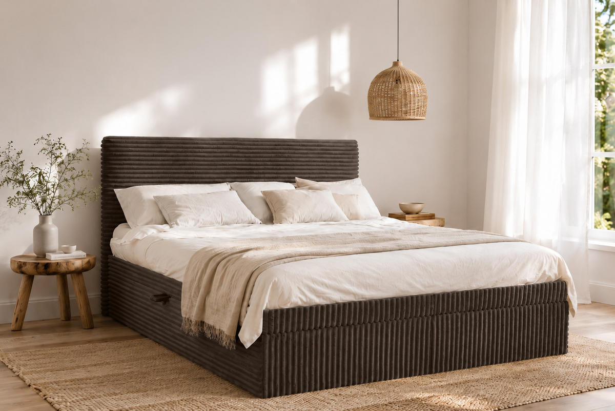 BOXBETT Bettkasten Und Topper TRENTO Ohne Bein Stoff Plüsch Cord 200x200 cm Braun H3-Bonell - Braun, Holz/Textil (200/200cm) - Kaiser Möbel