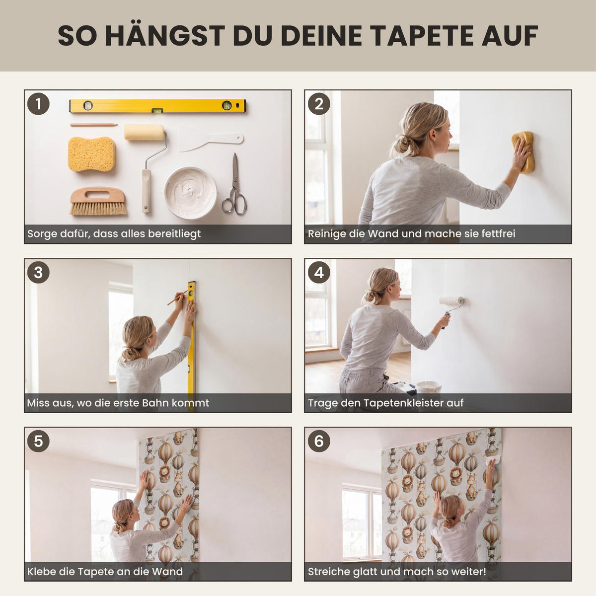 KINDERTAPETE - Safari - Heißluftballons - Taupe - 100x260 cm - Beige, Papier (100/260cm) - OnlyWow