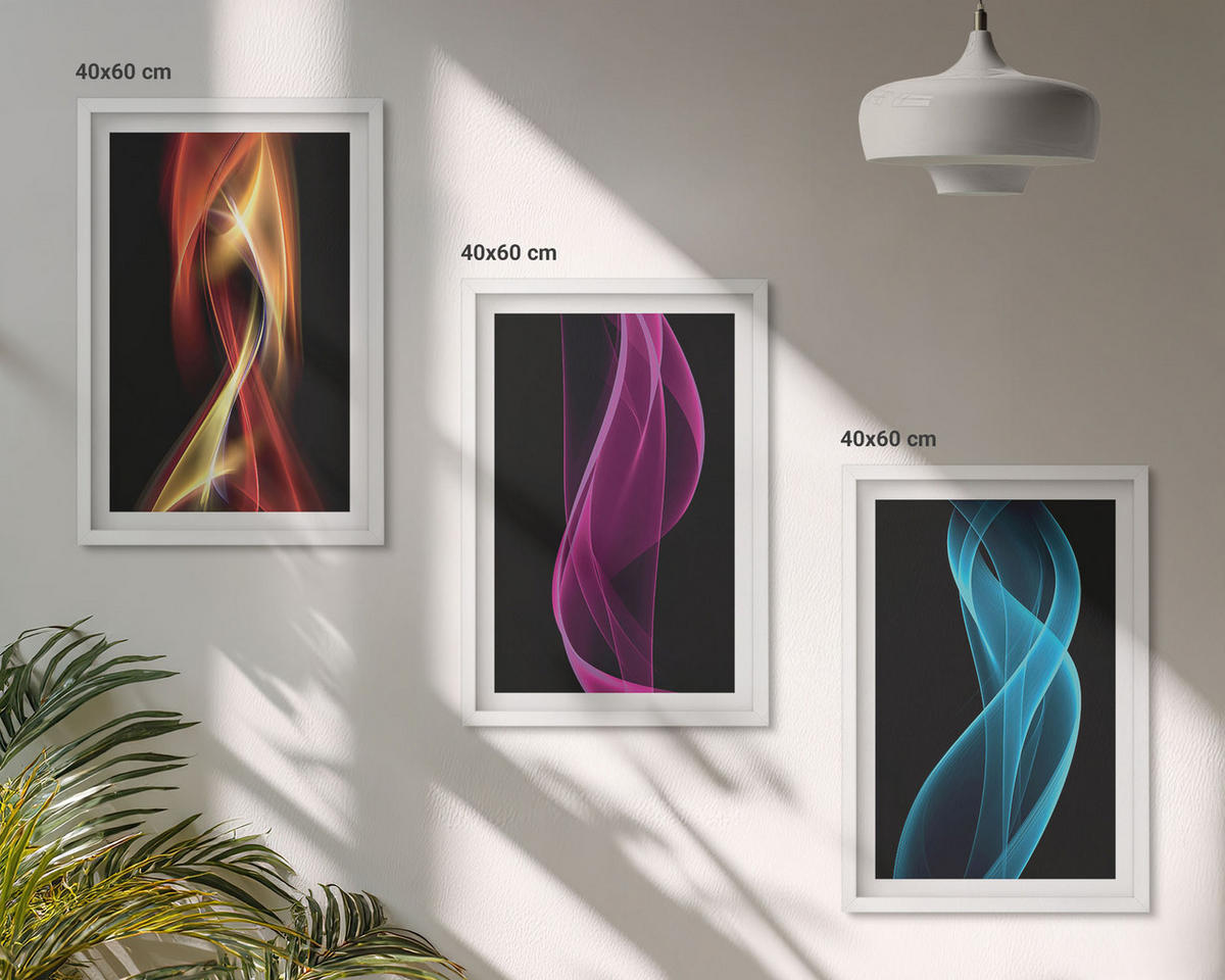 BILDER SET 3er Set - 40x60 cm Weißer Rahmen - Neonwellenlinien auf dunklem Hintergrund - Weiß, Kunststoff (40/60cm) - TULUP