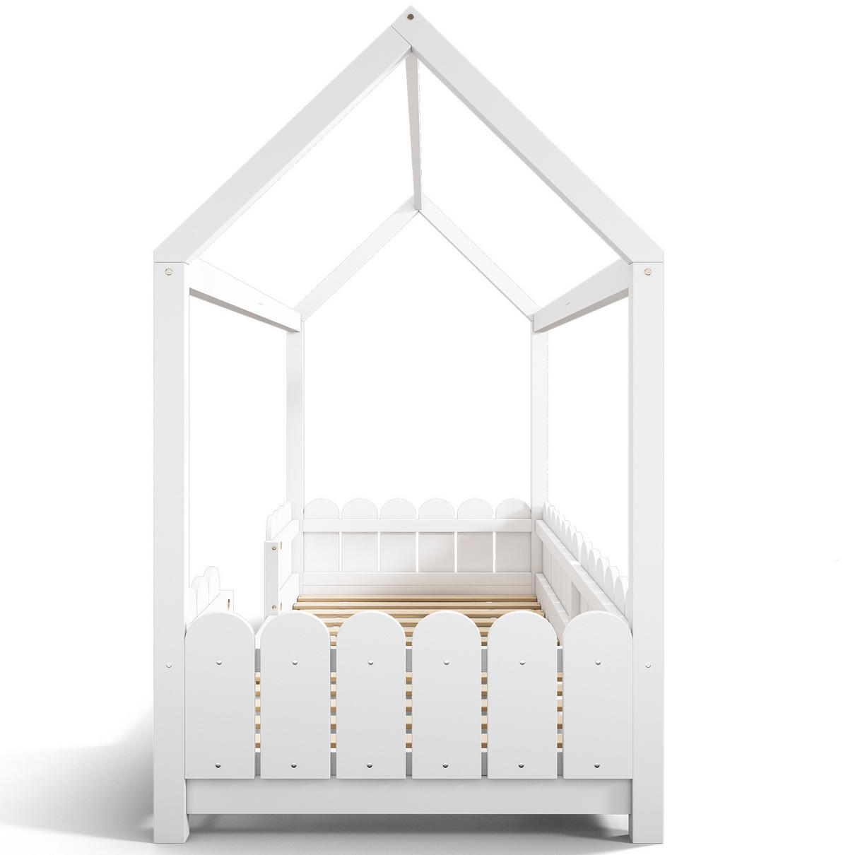 HAUSBETT 90/200 cm Weiß aus Massivholz mit Rausfallschutz und Lattenrost - Weiß, Holz (90/200cm) - Flora Grace
