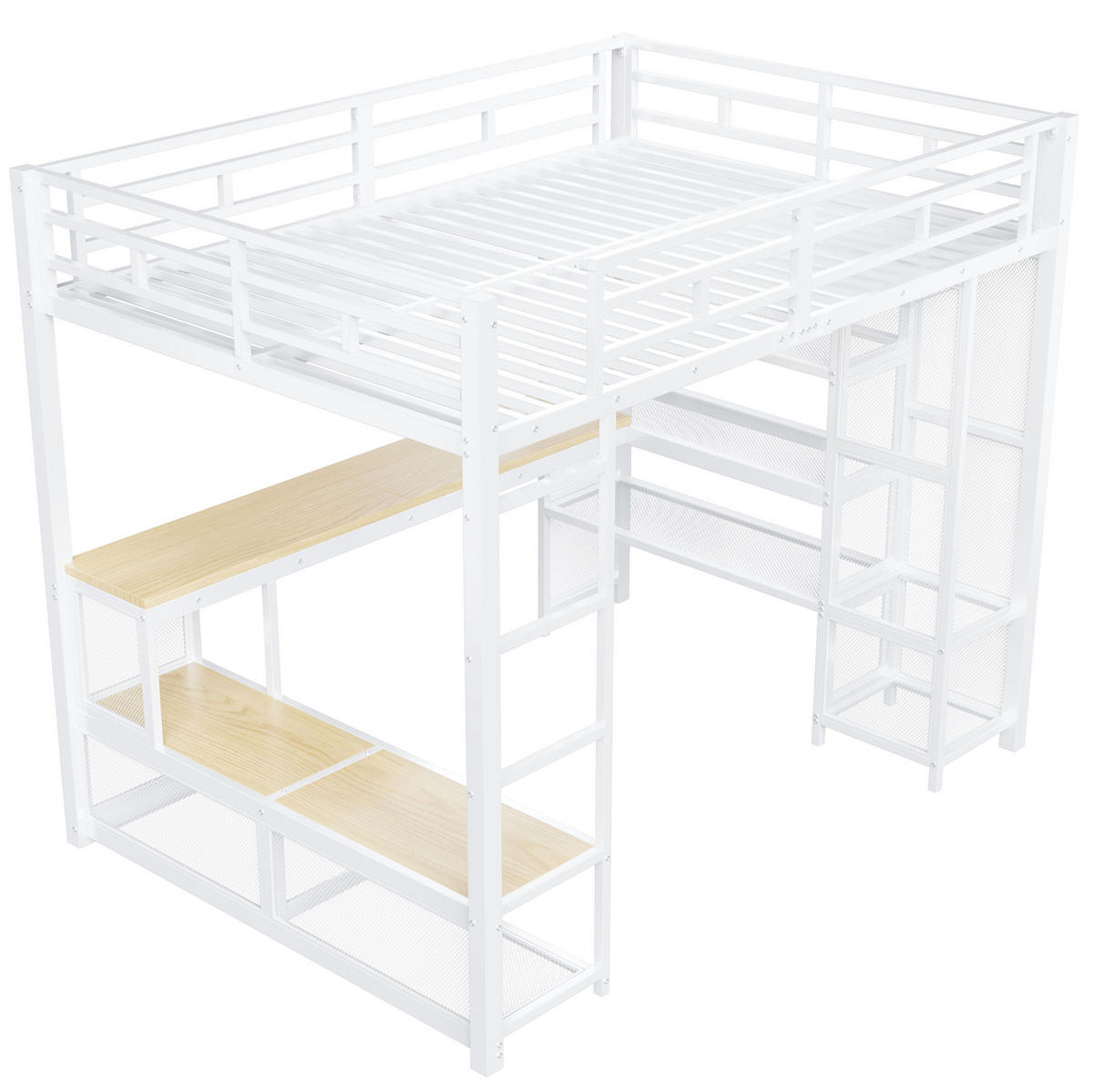 HOCHBETT 140/200 cm aus Metall und MDF mit Schreibtisch, offenem Kleiderschrank, USB und LED-Beleuchtung, Weiß - Weiß, Holzwerkstoff (140/200cm) - Redom