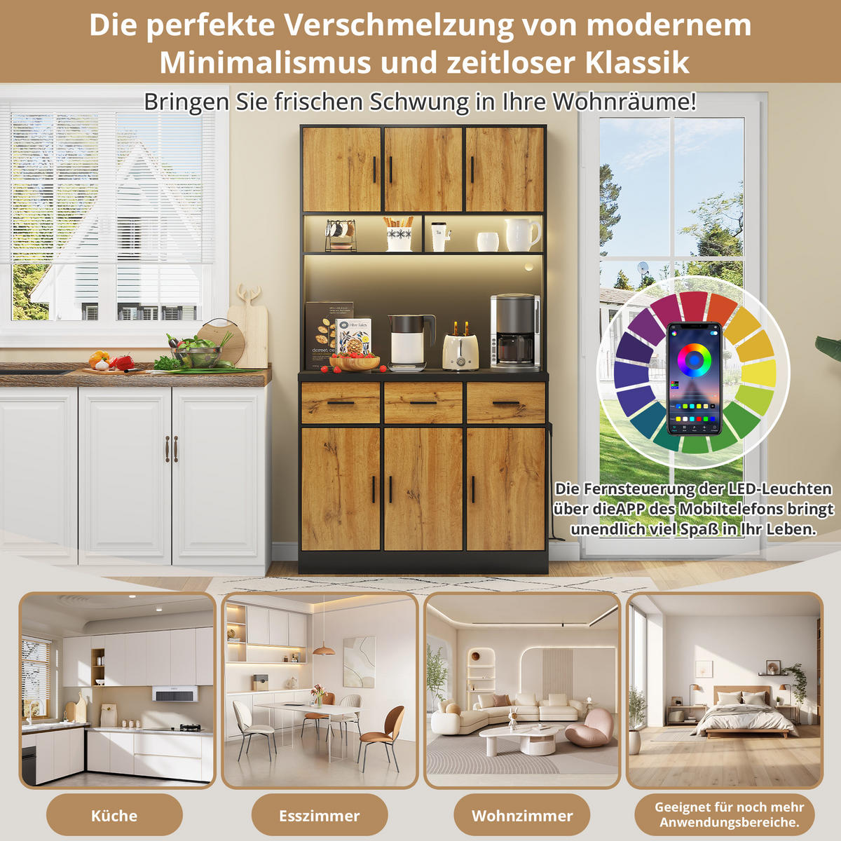 KÜCHENBUFFET in Schwarz und Naturfarbe Küchenschrank mit LED und Schubladen für Küchen und Esszimmer, B100/T40/H180 cm - Naturfarben, Holzwerkstoff (100/180/40cm) - STILVORA