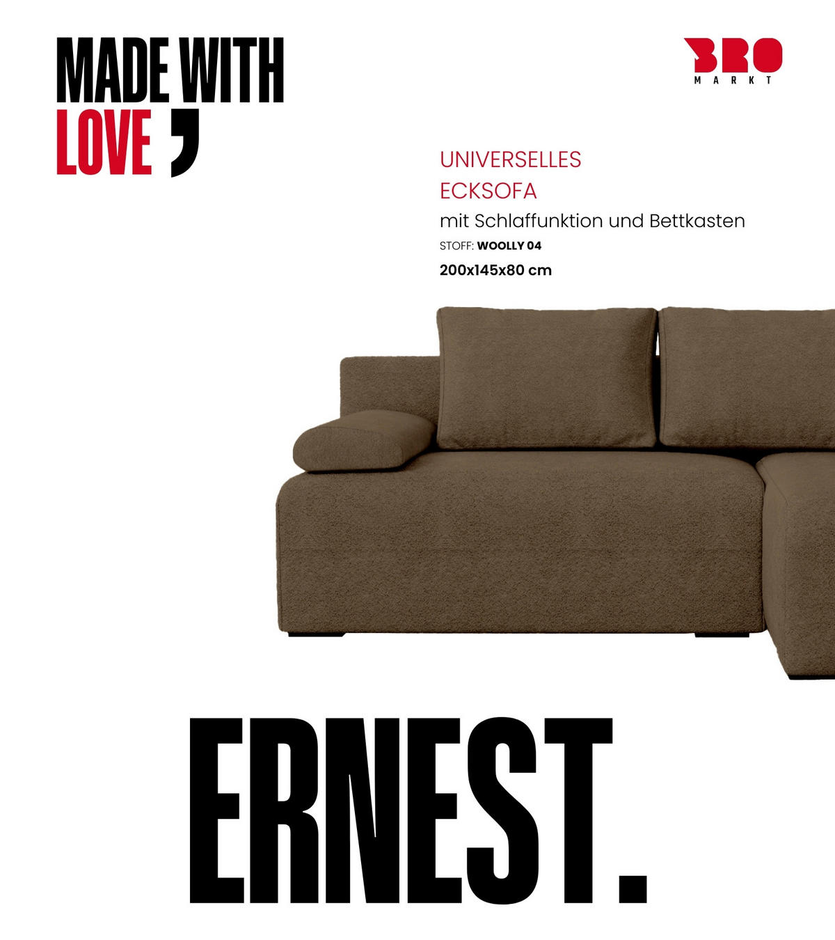 ECKSOFA Ernest mit Schlaffunktion Braun Bouclé - Braun, Textil (200/145cm) - Bromarkt