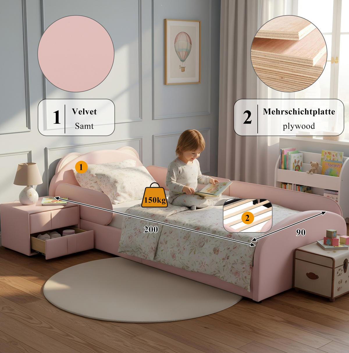 KINDERBETT 90/200 cm aus Samt mit Bärenkopfteil und passendem Nachttisch Rosa - Rosa, Textil (90/200cm) - Modenvie