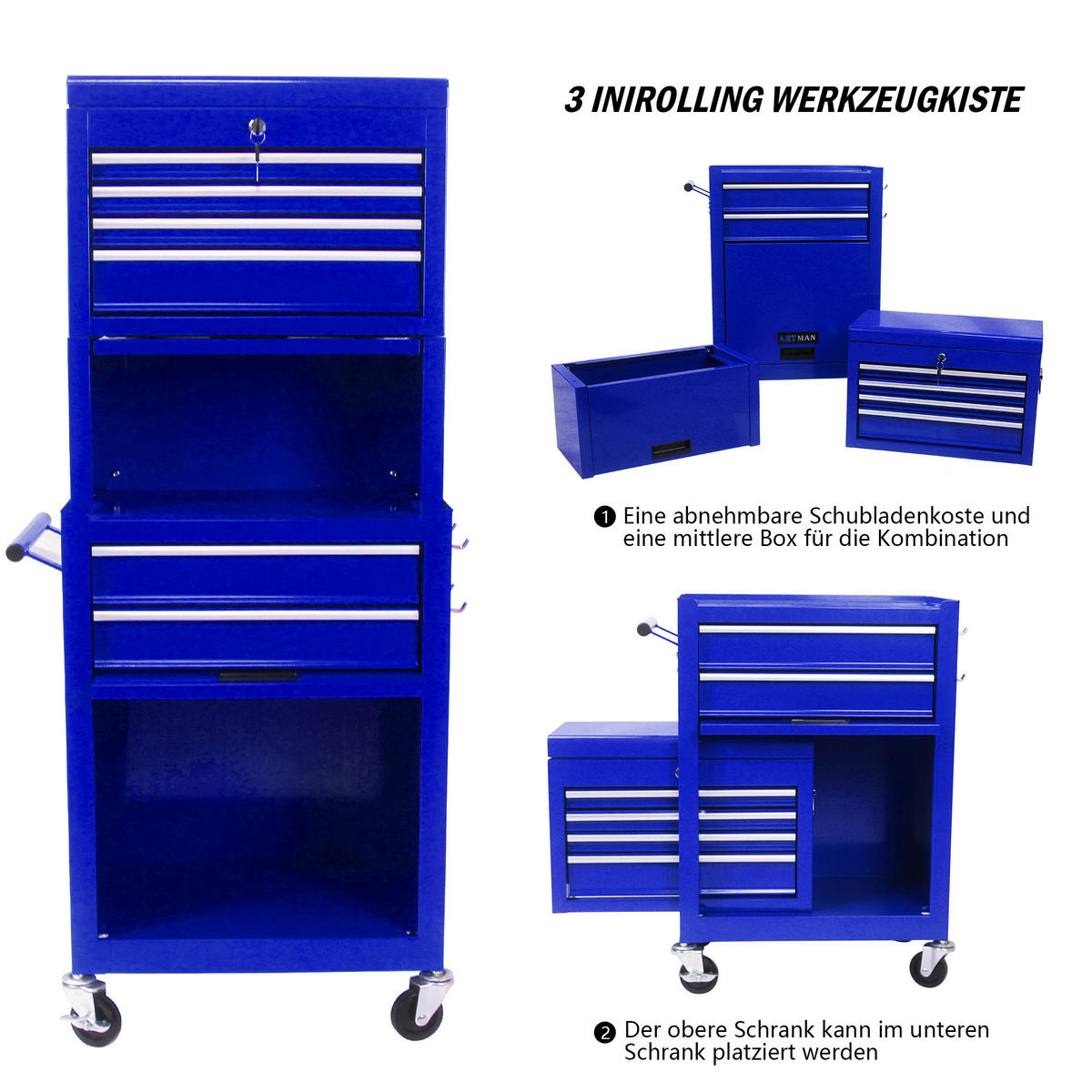 KOMBINATIONSKOFFER – mit 6 Schubladen und 4 Lenkrollen (blau) - Blau, Metall (33/110/60cm) - DCA
