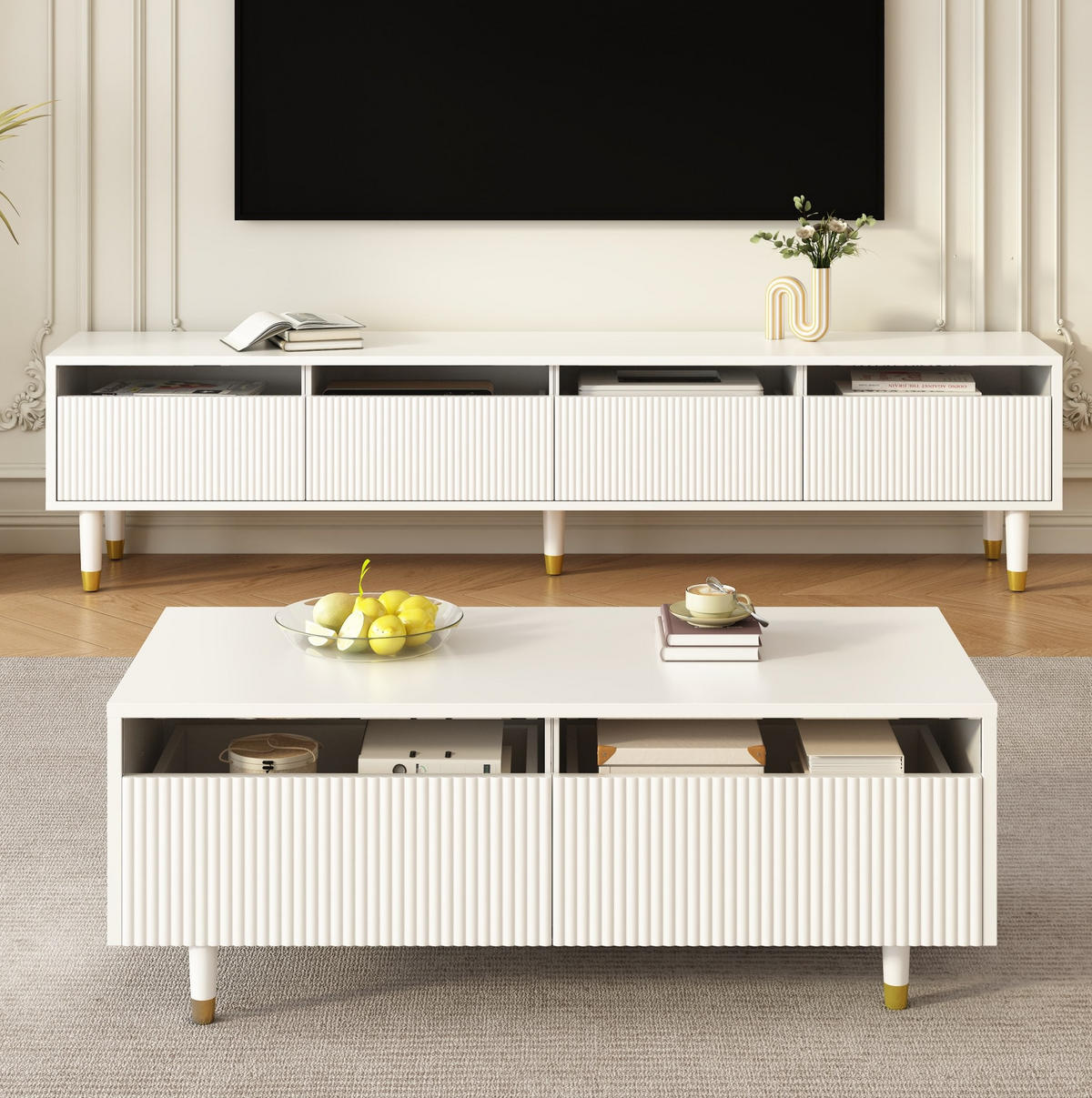 TV-ELEMENT 178/35/45 cm mit 4 Türen und LED-Beleuchtung in Weiß - Weiß, Holzwerkstoff (178/45/35cm) - BEAOK
