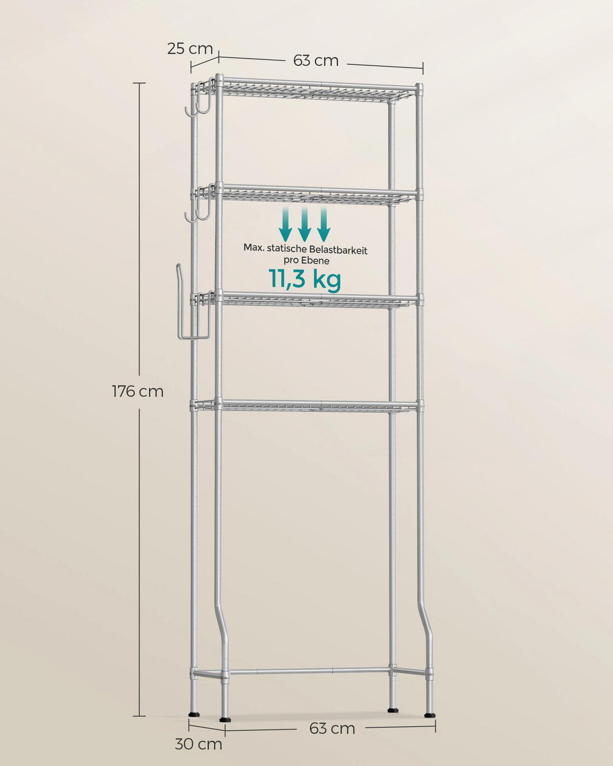 TOILETTENREGAL PRAGUE 4-STÖCKIG - Grau, Metall (63/176/30cm) - Hansiro