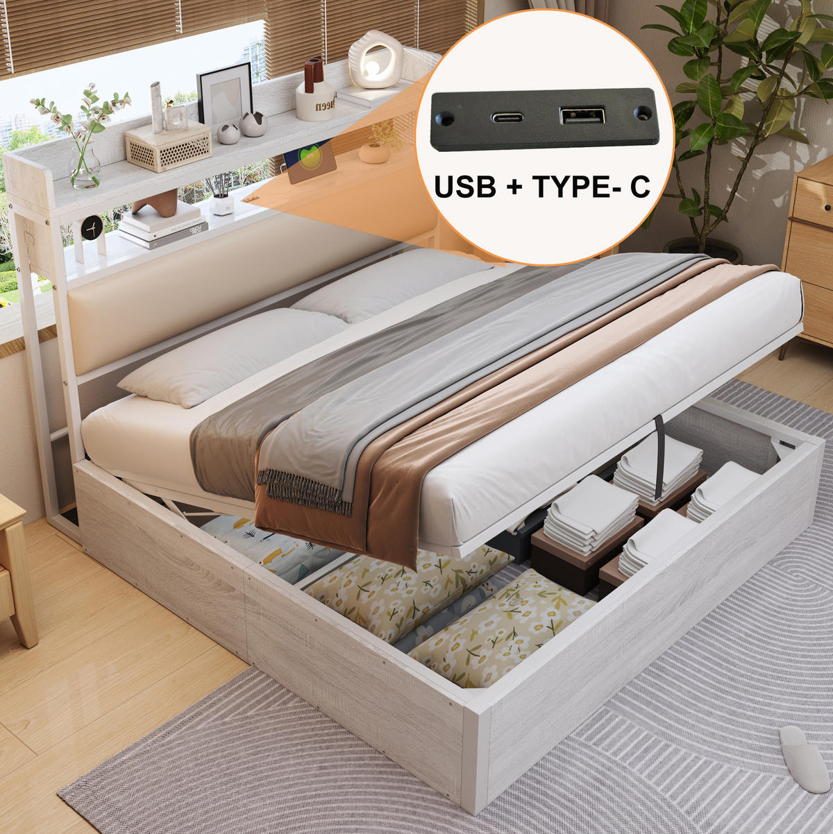 BETT 180/200 cm Weiß aus Metall/Stoff/MDF mit Stauraum und USB - Weiß, Metall (180/200cm) - OKMYHOME