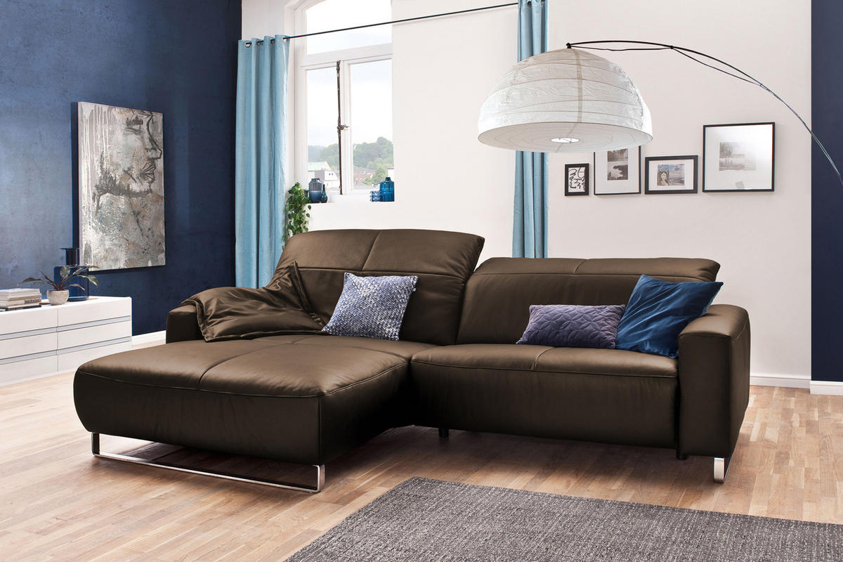 ECKSOFA MIT SITZTIEFENVERSTELLUNG YORK Walnuss Dekor Leder - Silberfarben/Walnussfarben, Leder (284/180cm) - KAWOLA