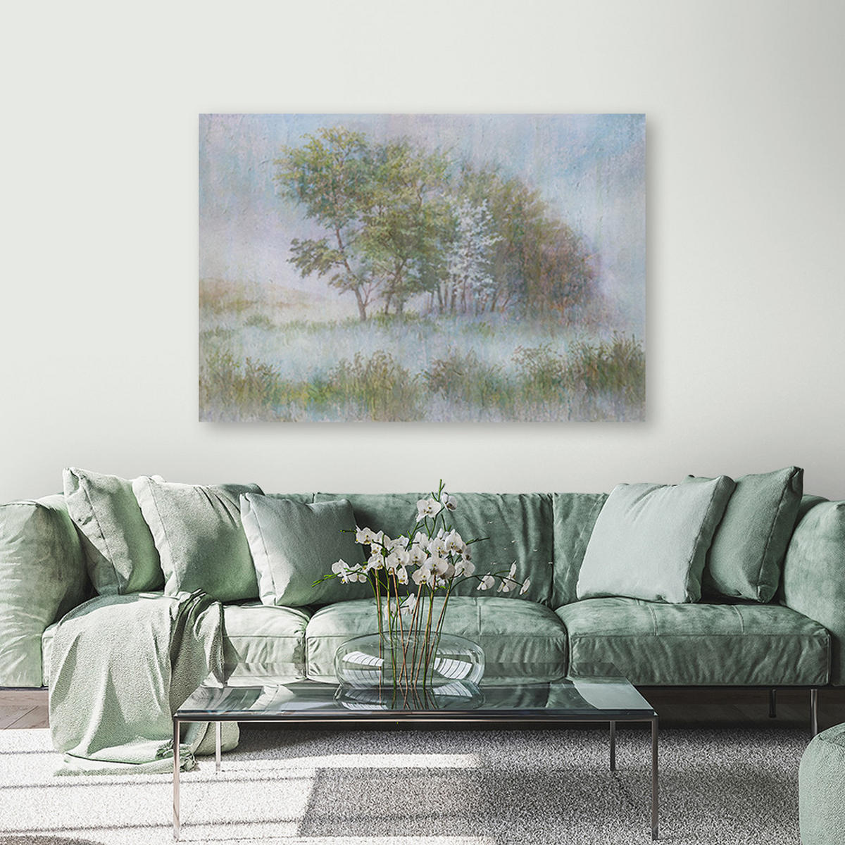 WANDBILD bäume auf einer nebligen wiese - Grün, Textil (60/40cm) - Feeby