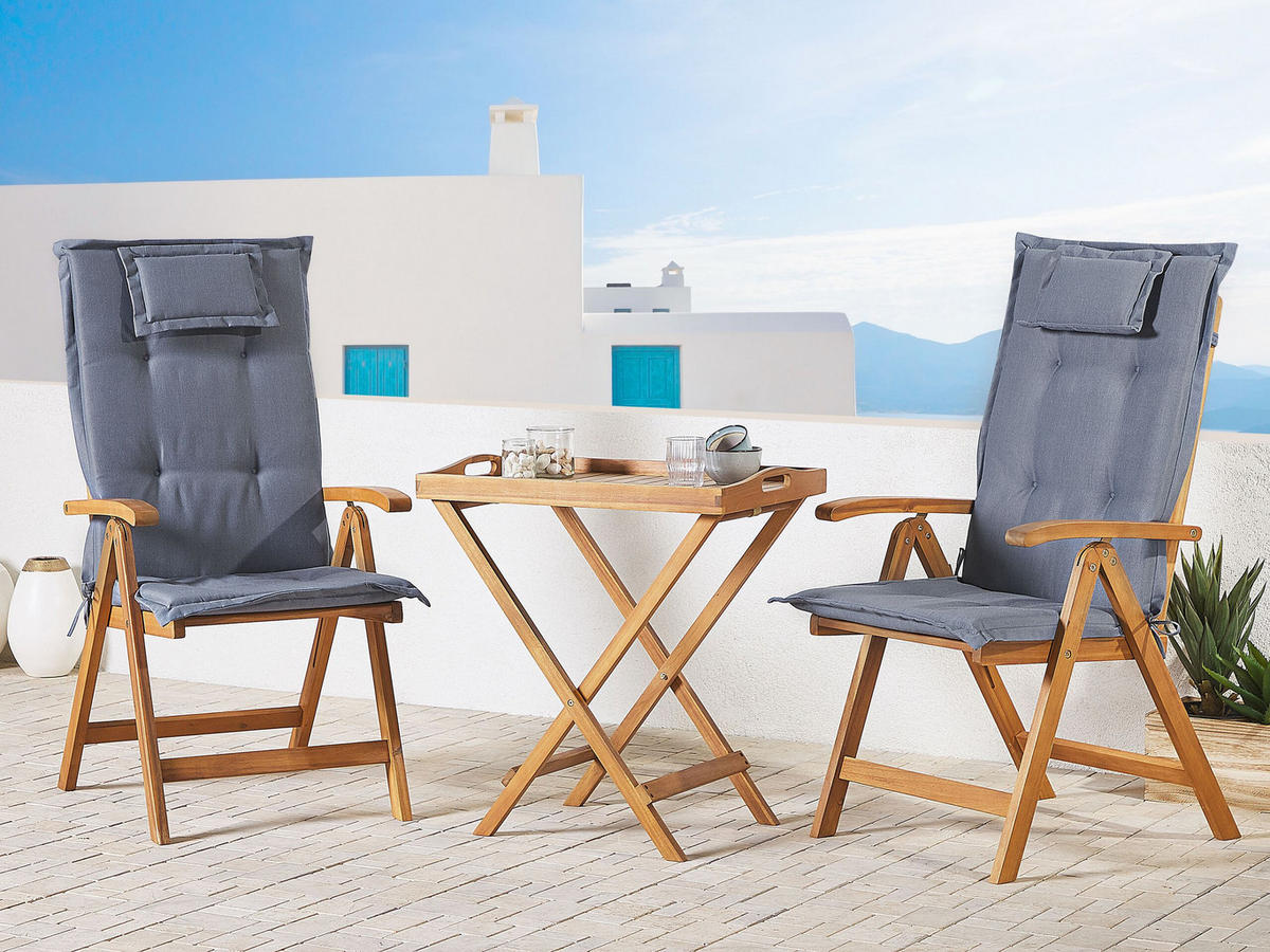 BALKONSET 2-Sitzer Akazienholz hellbraun verstellbar Auflagen blau Java - Hellbraun/Blau, Holz/Textil - Beliani