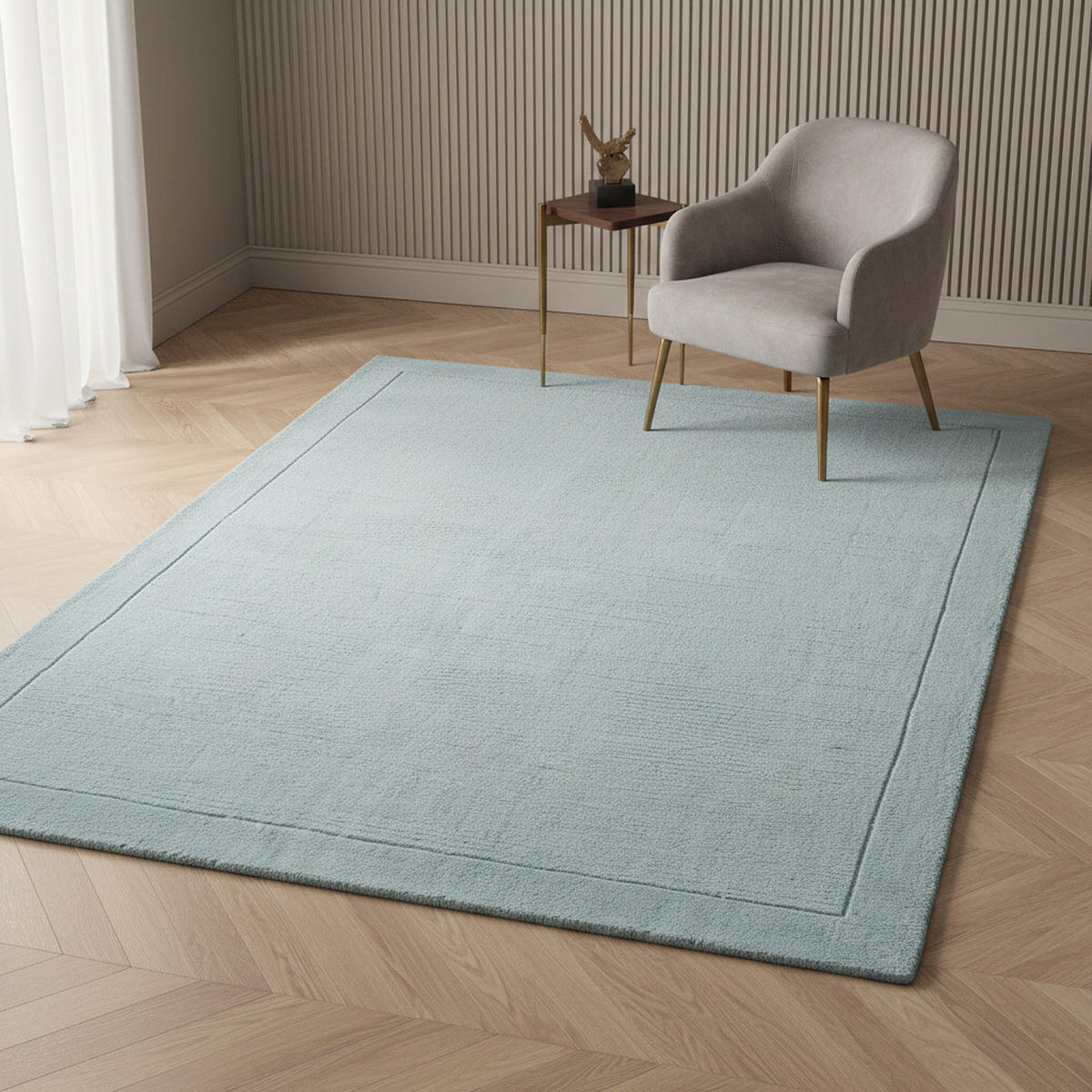 TEPPICH Schurwolle handgewebt mit Bordüre modern STOW, Hellblaugrün 160x230 cm - Blau, Textil (160/230cm) - KADIMA DESIGN