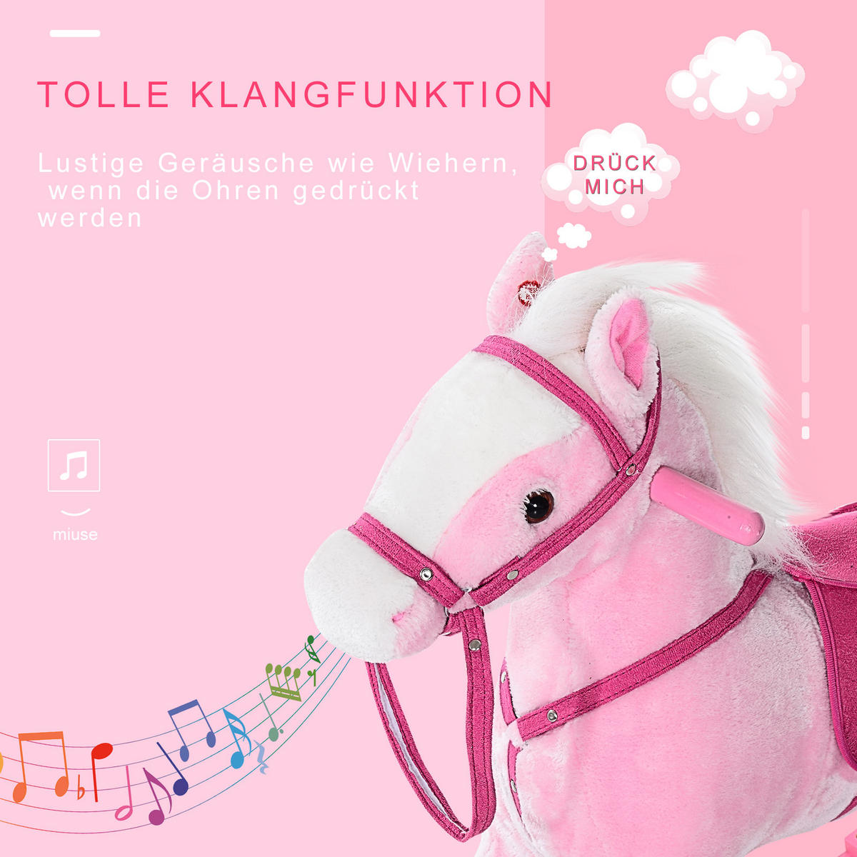 KINDER Schaukelpferd Wiehern Schaukeltier Schaukelspielzeug Rosa - Rosa, Holz (28/65/74cm) - HOMCOM