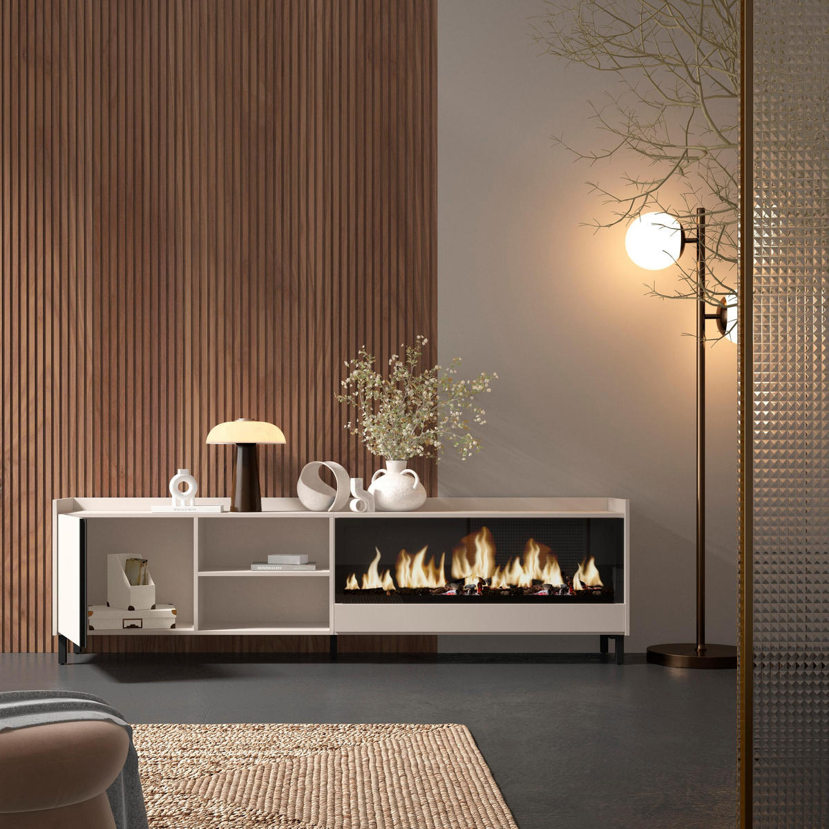 LOWBOARD, Beige, 212/35/61cm, Kamin mit Feuereffekt XXL - Beige, Holzwerkstoff (212/61/35cm) - Skraut Home