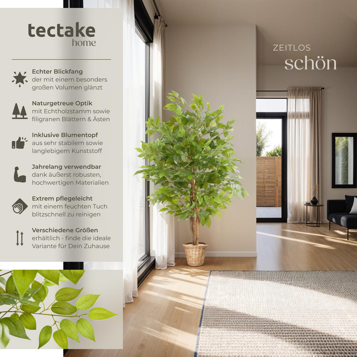 KÜNSTLICHER-FICUSBAUM Fida,stabiler Kunststoff-Blumentopf,grün - Grün, Kunststoff (120cm) - tectake