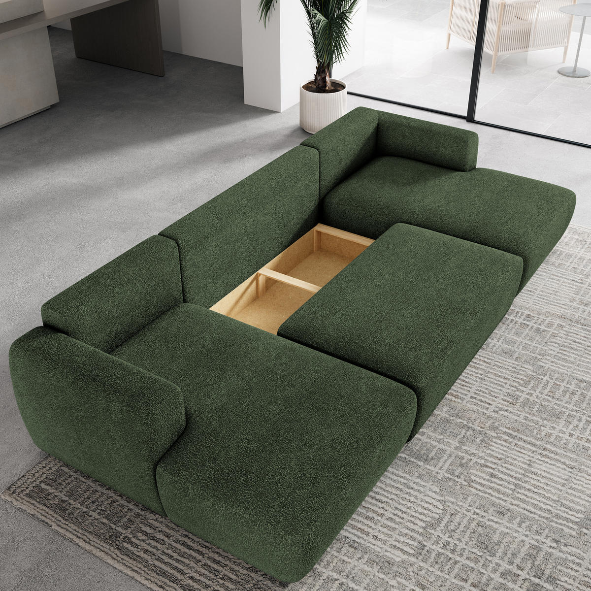 WOHNLANDSCHAFT SENTUM N Grün Boucle-Stoff mit Schlaffunktion - Grün, Holz (330/90/148cm) - MASSENO