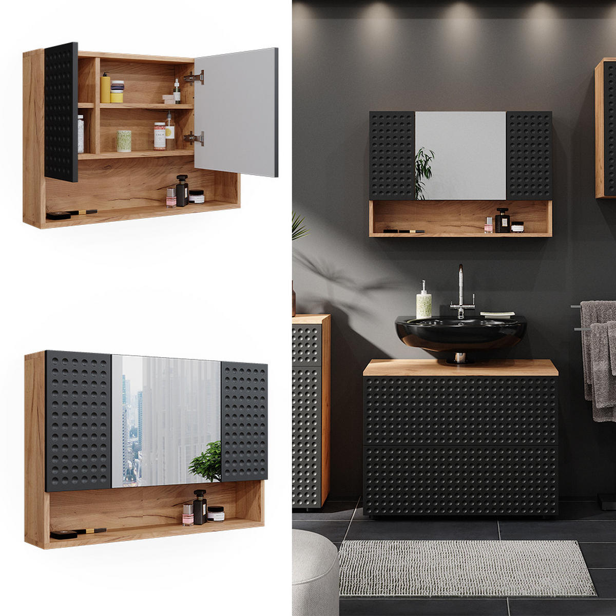 BADSPIEGELSCHRANK Irma Anthrazit gepunktet 80.1 x 55 cm - Anthrazit, Holzwerkstoff (80.1/55/17cm) - Vicco