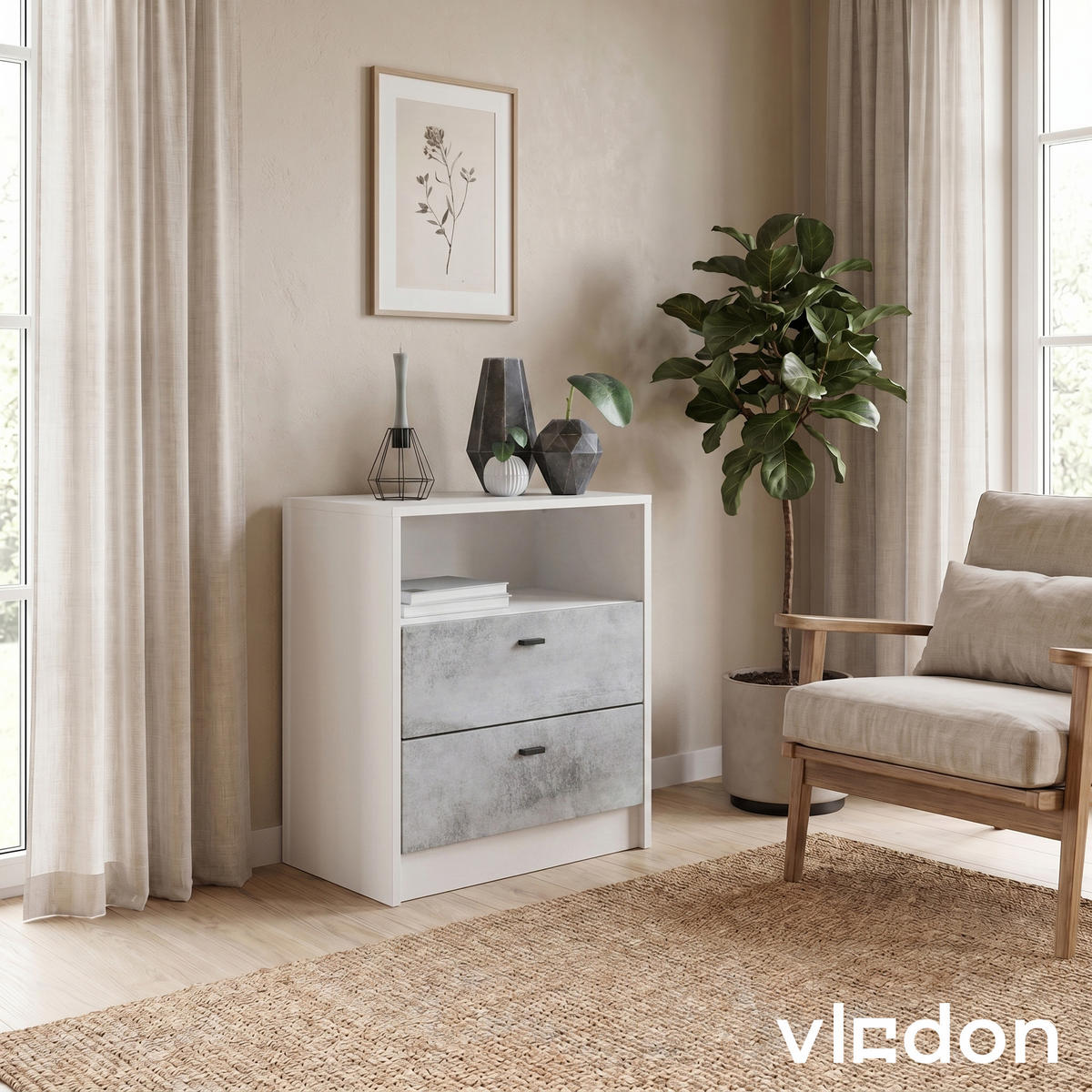KOMMODE Pino Fronten in Beton Oxid Optik - Hellgrau, Holzwerkstoff (56/67.5/36cm) - Vladon