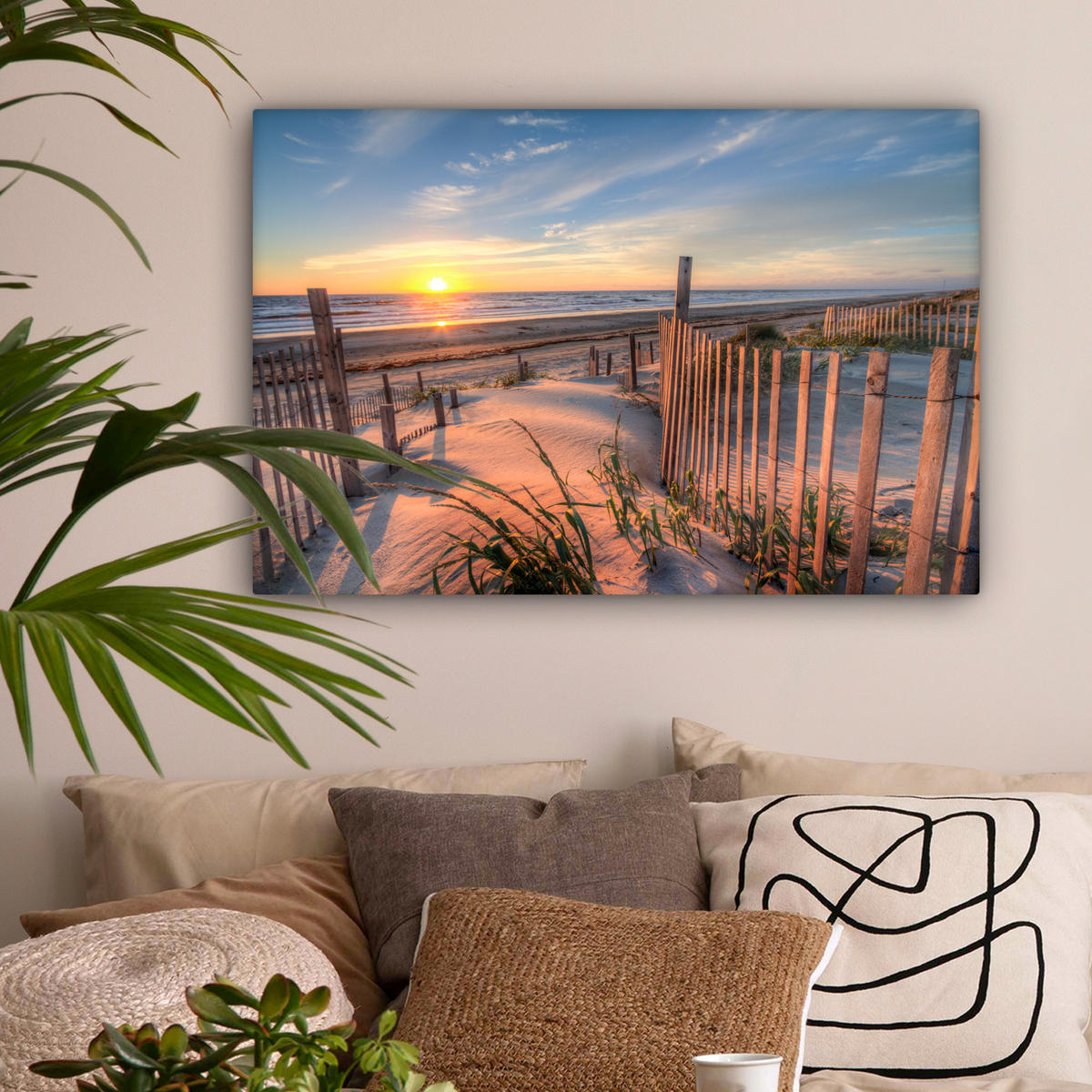 LEINWANDBILD Strand - Meer - Düne - Sonnenuntergang - Landschaft Gemälde 60x40 cm - Beige, Textil (60/40cm) - MuchoWow
