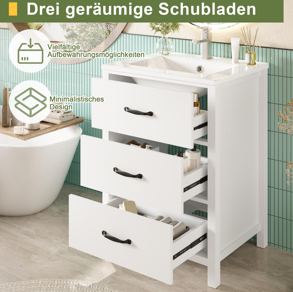 FREISTEHENDER Waschtisch aus MDF und Keramik 61x47x83 cm Weiß mit 3 Schubladen und Keramikbecken - Weiß, Keramik (61/83/47cm) - Modfu