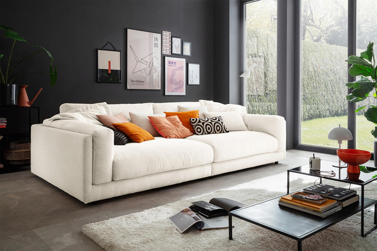 BIG SOFA RAINA Cremeweiß Cord - Creme/Schwarz, Kunststoff/Textil (294/85/150cm) - KAWOLA