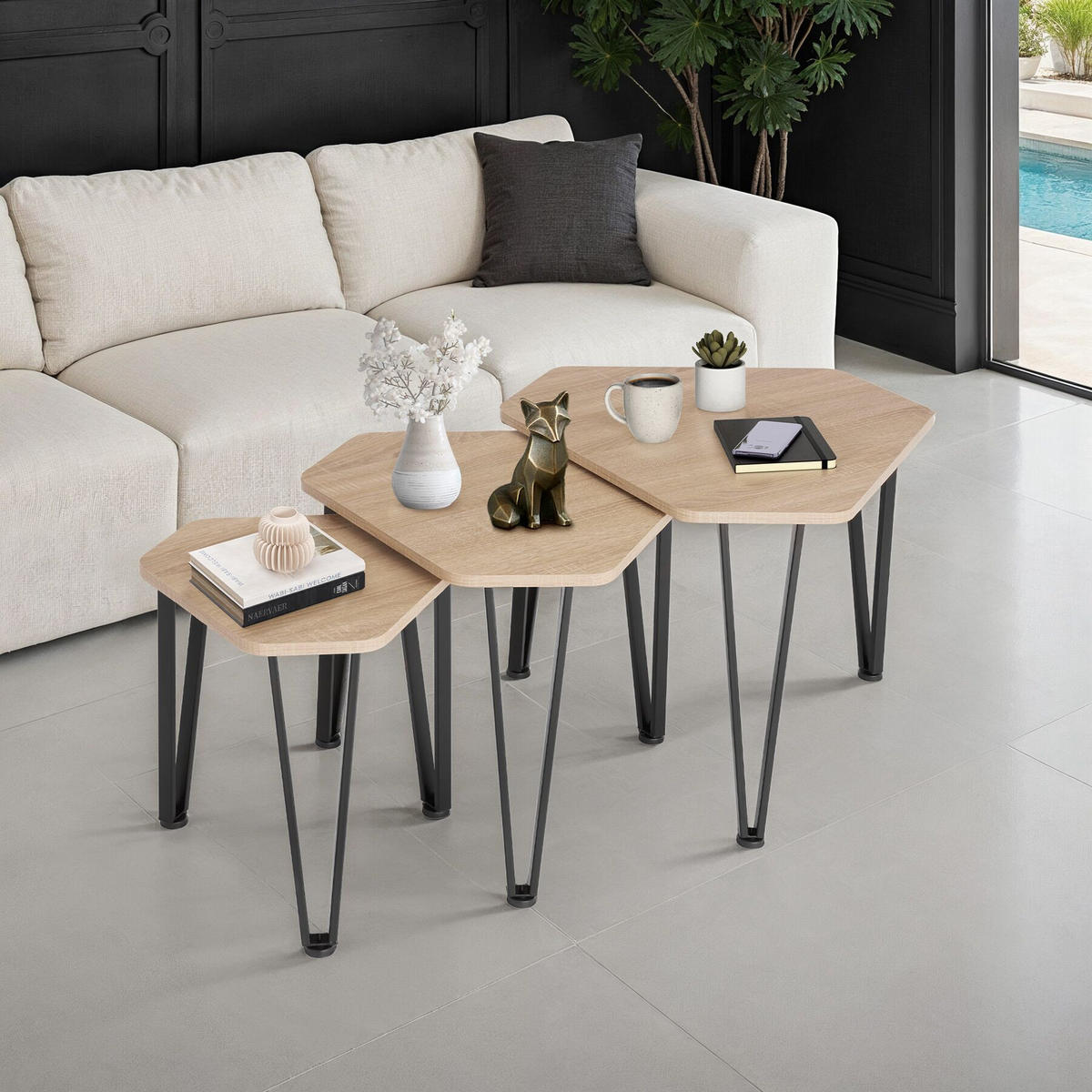 BEISTELLTISCH-SET Torquay,stapelbar,Industrial Holz hell, Eiche Sonoma - Naturfarben, Holzwerkstoff (58.7/52/45.5cm) - tectake
