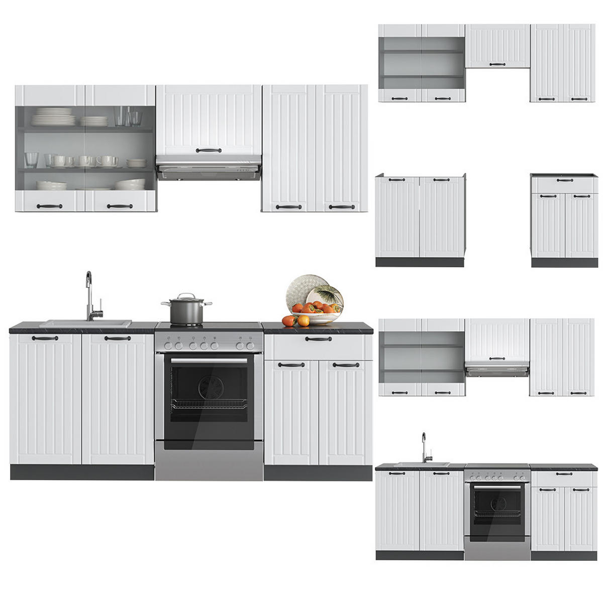 KÜCHENZEILE Fame-Line Weiß Landhaus/Anthrazit 200 cm ohne AP - Anthrazit/Creme, Holzwerkstoff (200/81.6/46cm) - Vicco