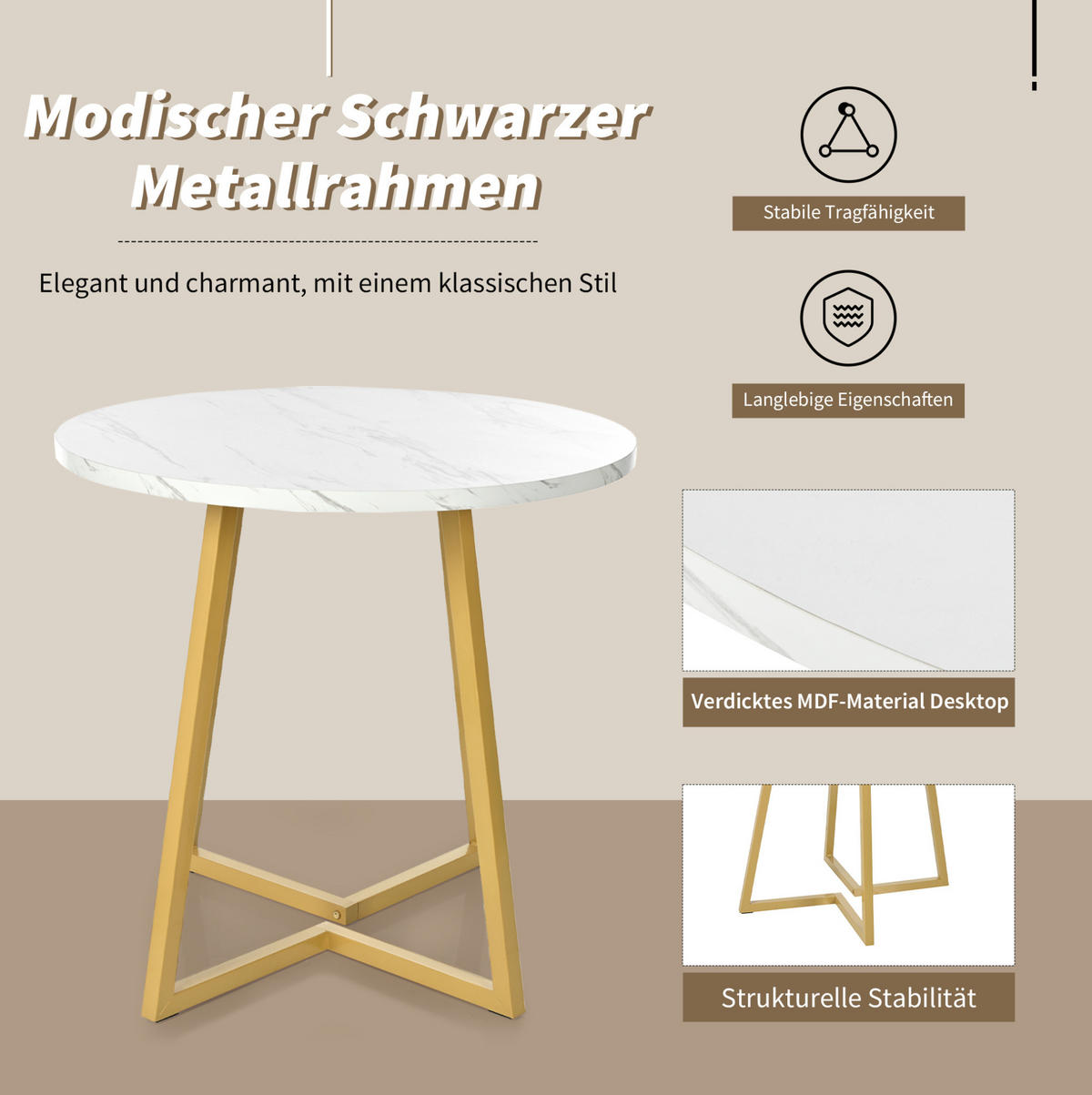 ESSTISCH, MDF mit Marmor-Muster & Metallgestell, Ø 80/75 cm, Weiß - Goldfarben, Holzwerkstoff (80/80/75cm) - Redom
