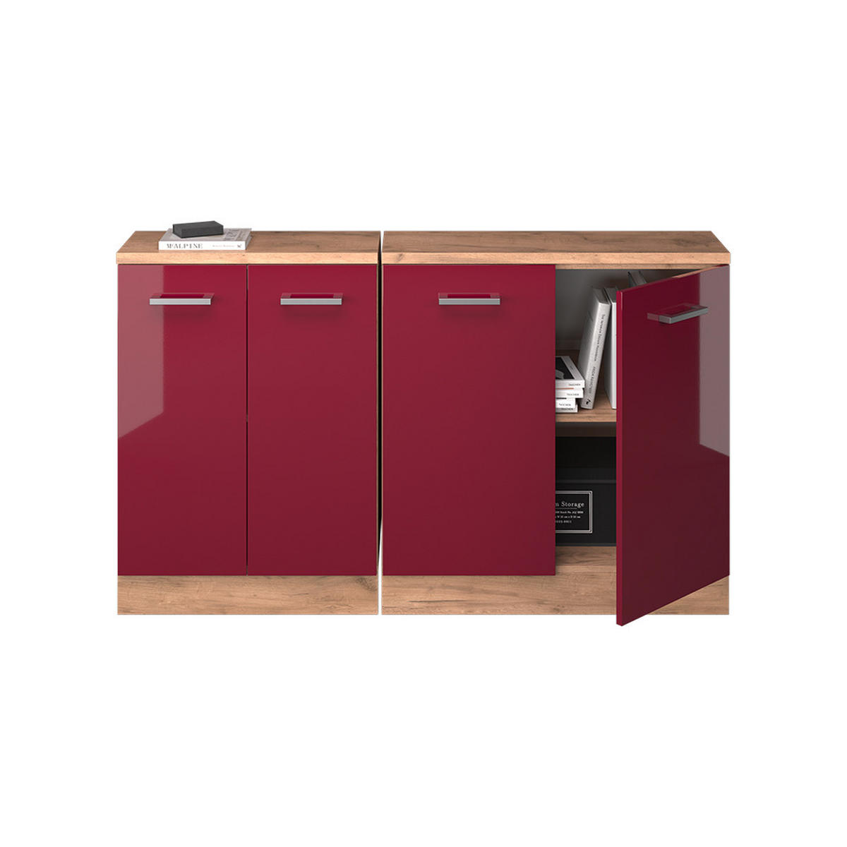KUHINJSKI ORMAR ZA KOSINE KROVA R-Line Crveni visoki sjaj 140 cm Set od 2 korpusa ormara, dubina 60 cm - hrast medunac/crvena, drvni materijal (140/83.8/60cm) - Vicco