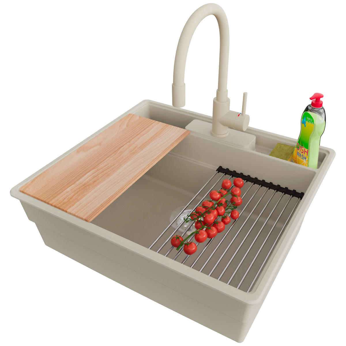 GRANITSPÜLE New York, 2-er set Beige 58/53 cm 1 Becken + Küchenarmatur 38/14 cm + Ablauf-Set + Küchenzubehörset ab 60er Unterschrank - Chromfarben/Beige, Kunststoff (58/20/53cm) - Primagran