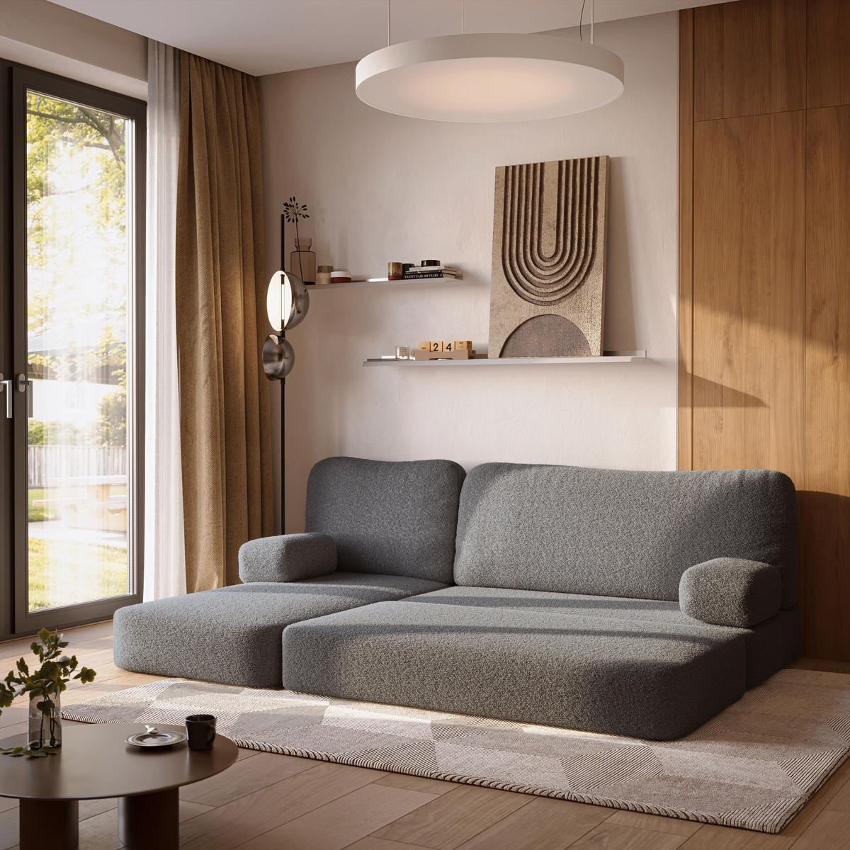 ECKSOFA SABI modulares Boneless Sofa mit Schlaffunktion Grau Boucle-Stoff - Grau, Textil (200/120cm) - MASSENO