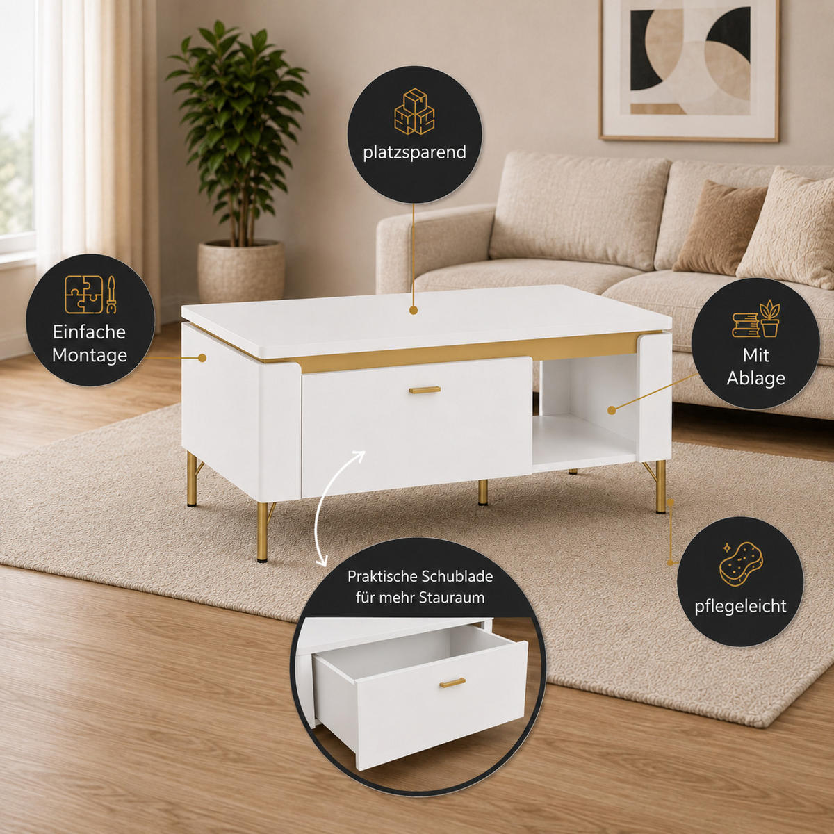 COUCHTISCH rechteckig Weiß matt - Gold mit Staufach und Ablage - Goldfarben/Weiß, Holzwerkstoff (65/110/46cm) - designimpex