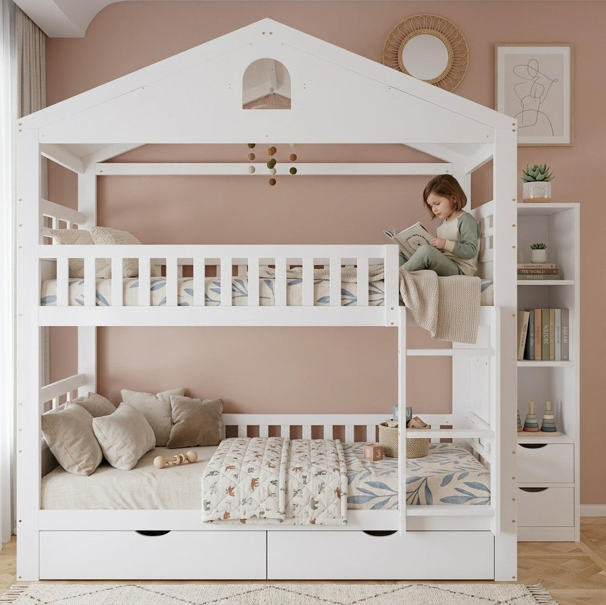 ETAGENBETT aus Kiefernholz 90x200 cm Weiß mit Hausdesign, 2 Schubladen und seitlichem Stauraum - Weiß, Holz (90/200cm) - Modfu