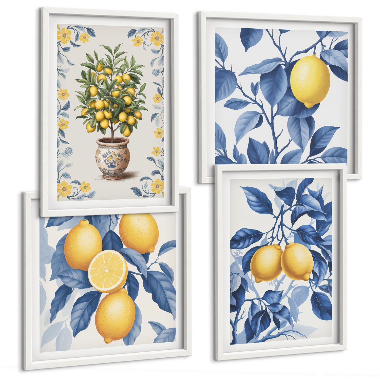BILDER SET 4er Set - 50x50 cm & 40x60 cm Weißer Rahmen - Zitronenzweige mit blauen Blättern - Weiß, Kunststoff (50/50cm) - TULUP