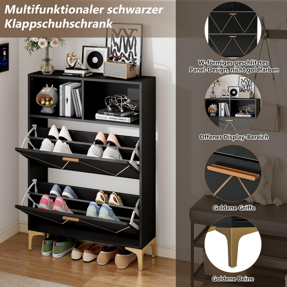 SCHUHSCHRANK 80x25x117cm 2 Klappen 4 Fächer MDF Metall modern - Schwarz, Holzwerkstoff (25/117/80cm) - FLIEKS