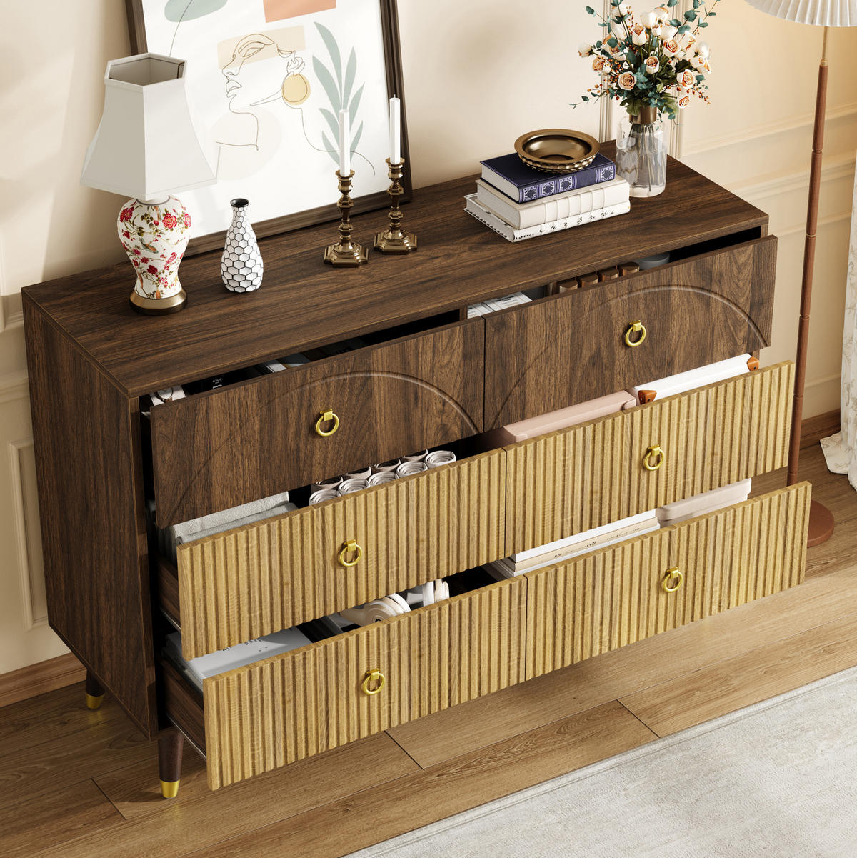 KOMMODEN-SIDEBOARD 120/40/81 cm mit 6 Schubladen im Retro-Look - Naturfarben, Holzwerkstoff (120/81/40cm) - BEAOK
