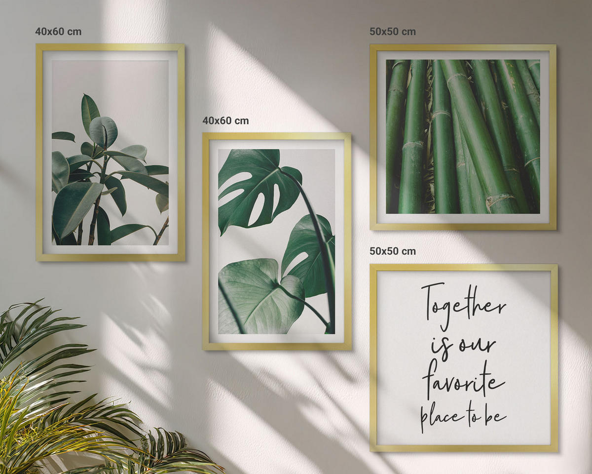 BILDER SET 4er Set - 50x50 cm & 40x60 cm Goldrahmen - Bambusblätter - Goldfarben, Kunststoff (50/50cm) - TULUP