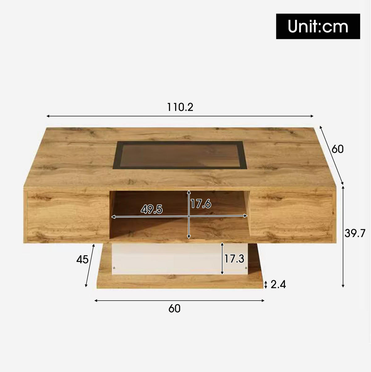 COUCHTISCH 110,2/60/39,7 cm mit LED-Beleuchtung und 2 Schubladen - Naturfarben, Holzwerkstoff (110.2/60/39.7cm) - Flora Grace