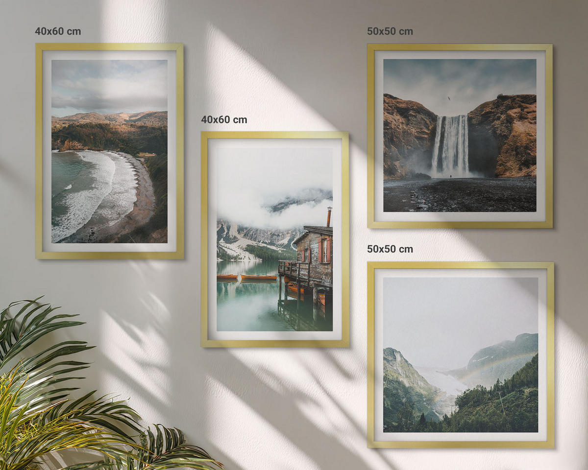 WANDBILDER 4er Set - 50x50 cm & 40x60 cm Goldrahmen - Bergstrände Wolken Wasser - Goldfarben, Kunststoff (50/50cm) - ArtPrintCave