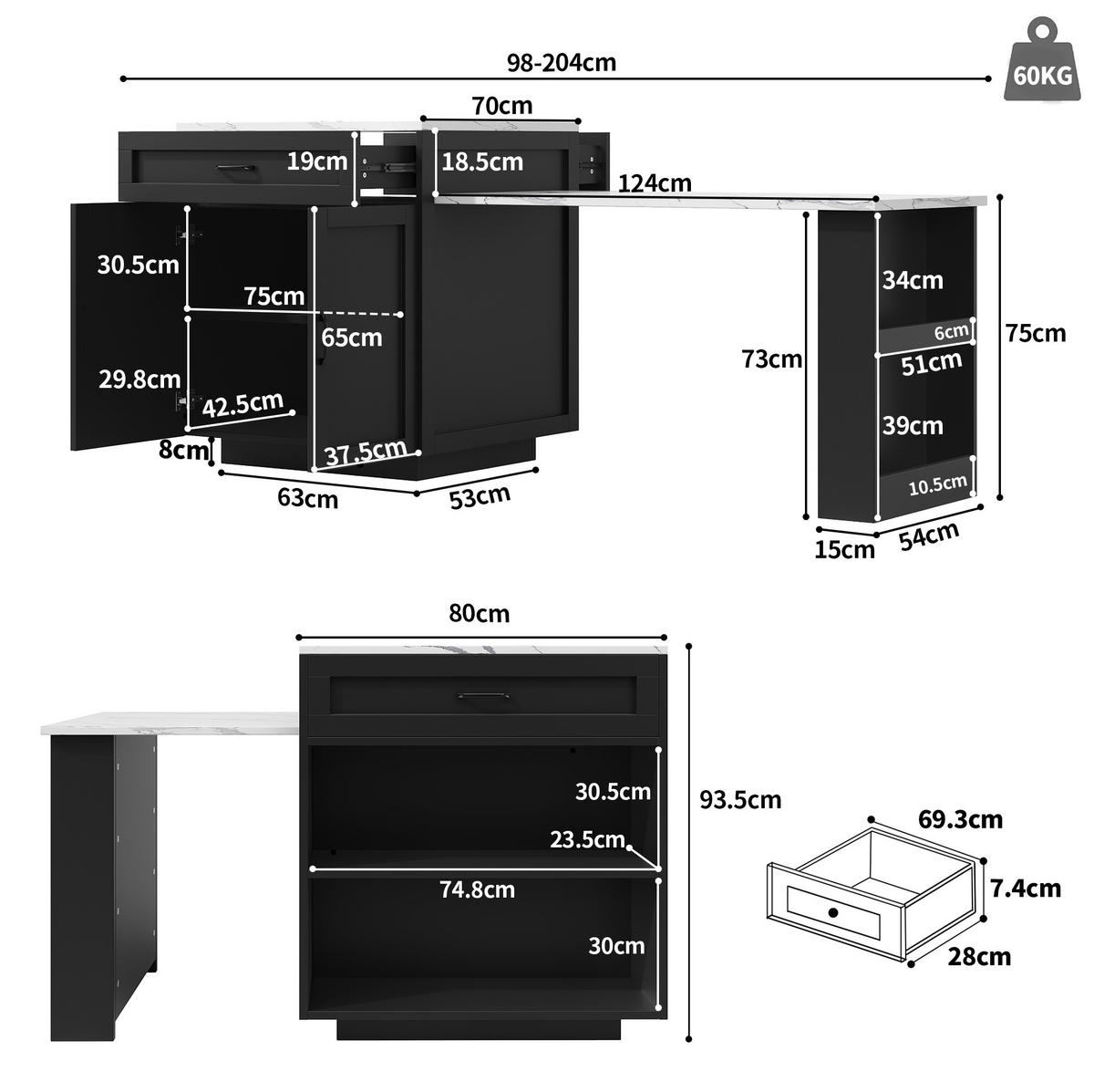 BARTISCH 98/204/70/93,5 cm in Schwarz mit Stauraum und Rollen - Schwarz, Holzwerkstoff (70/204/93.5cm) - BEAOK