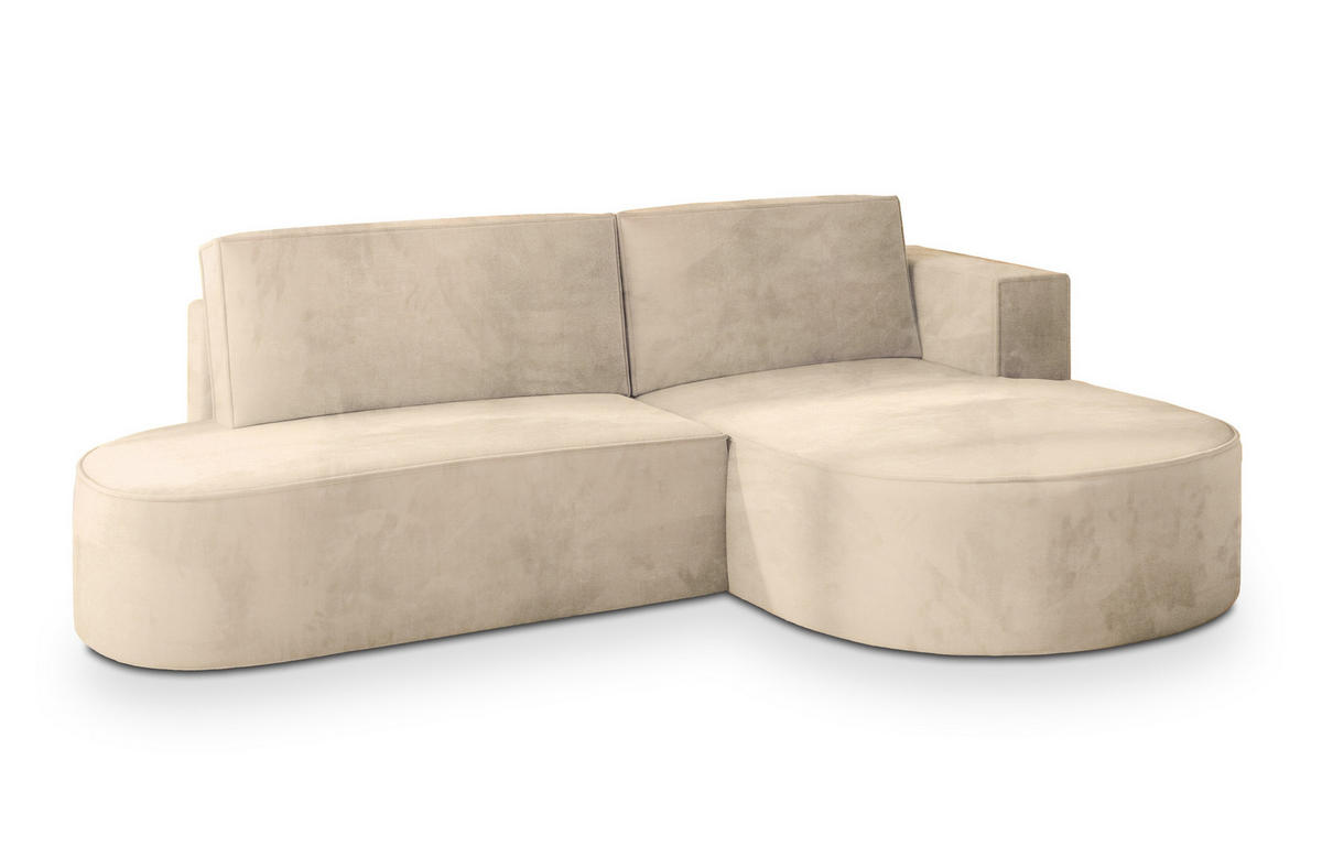 ECKSOFA CORTIO M R-S Creme Velours-Stoff mit Schlaffunktion - Creme, Holz (265/174cm) - MASSENO
