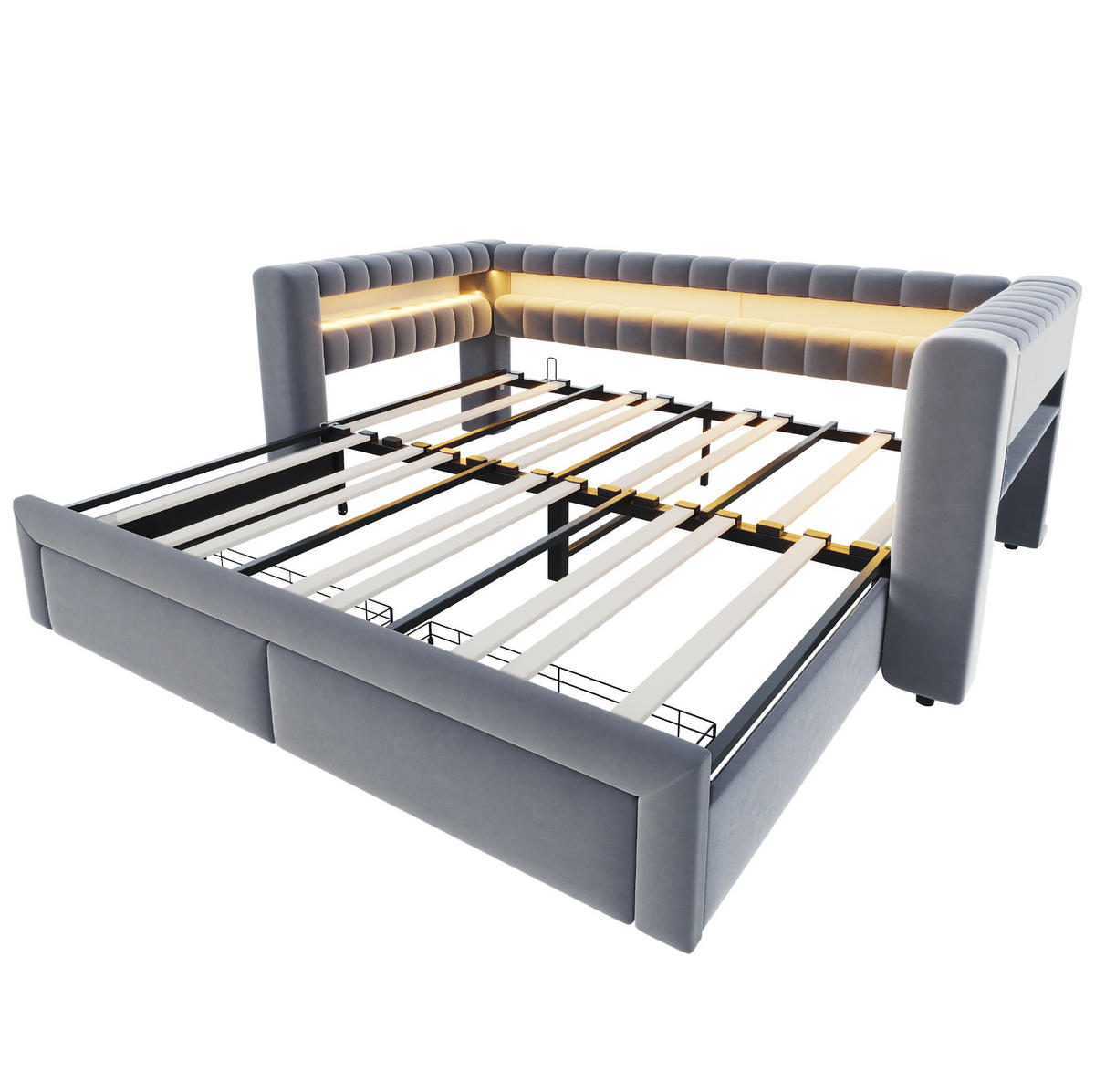 ROZKLÁDACÍ postel 90/190 cm sametová s LED osvětlením, USB-C a úložnými prostory, Šedá - šedá, textil (90/190cm) - Redom