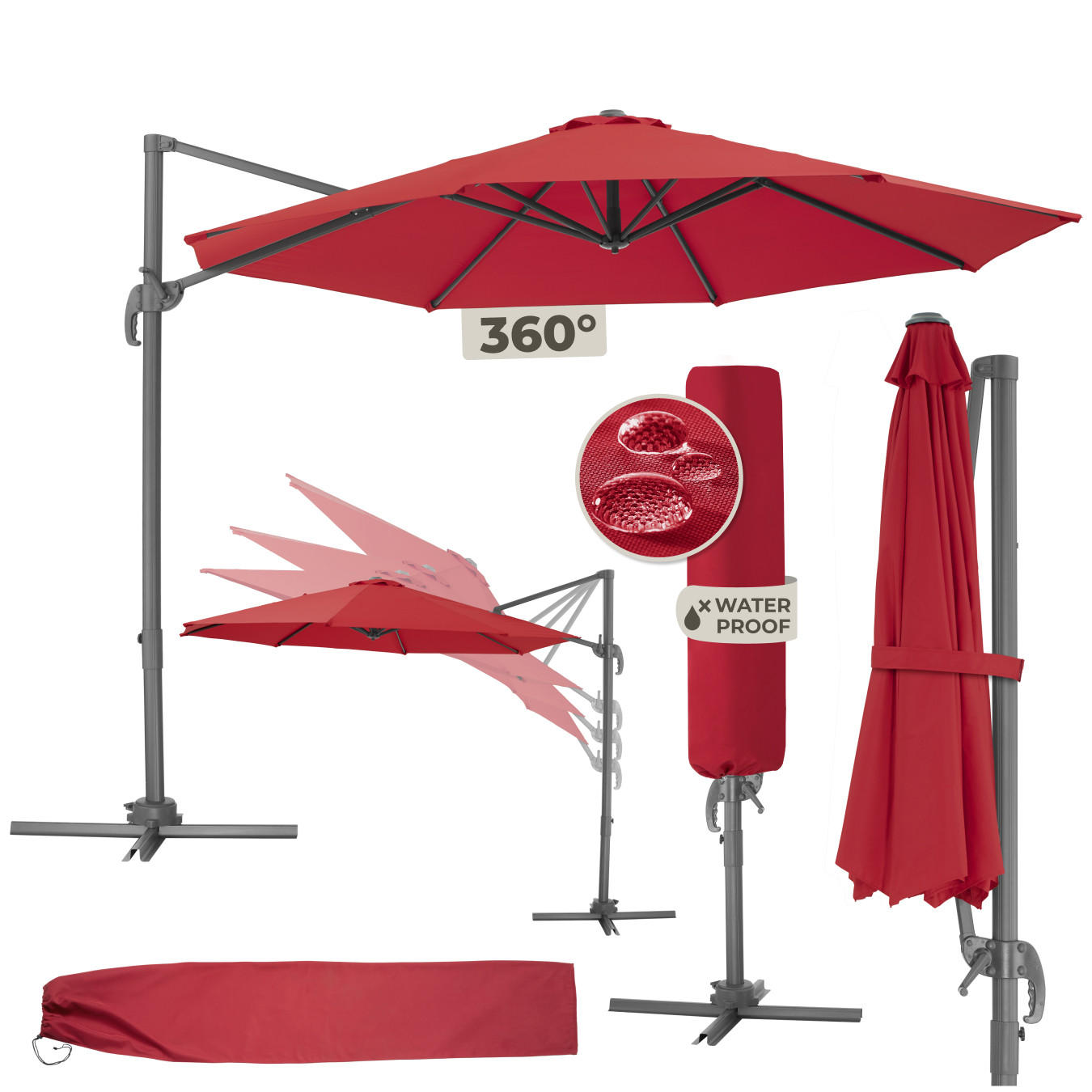 SONNENSCHIRM Daria,UV-Schutz 50+, inklusive Schutzhülle,weinrot - Bordeaux, Metall (300/372cm) - tectake