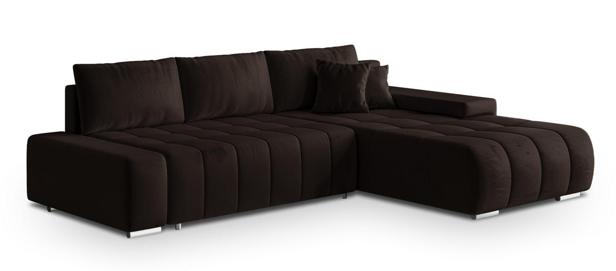 ECKSOFA ALESE R-S Braun Velours-Stoff mit Schlaffunktion - Braun, Holz (265/185cm) - MASSENO