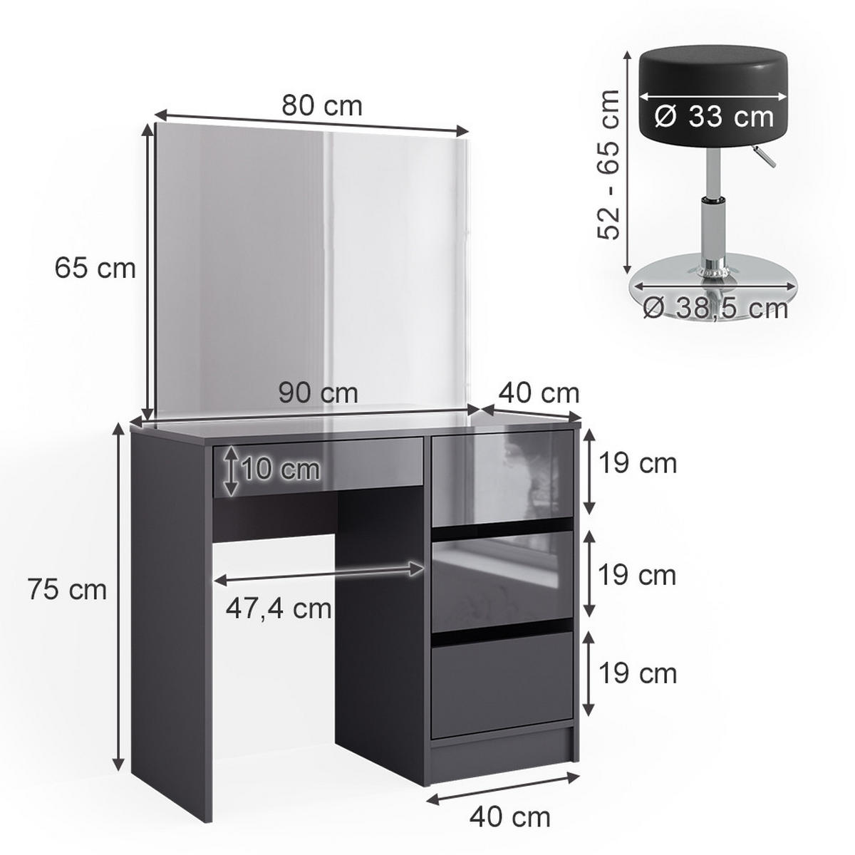 SCHMINKTISCH-SET Sherry Anthrazit 90 cm mit Hocker - Schwarz Hochglanz/Anthrazit, Holzwerkstoff (90/75/40cm) - Vicco
