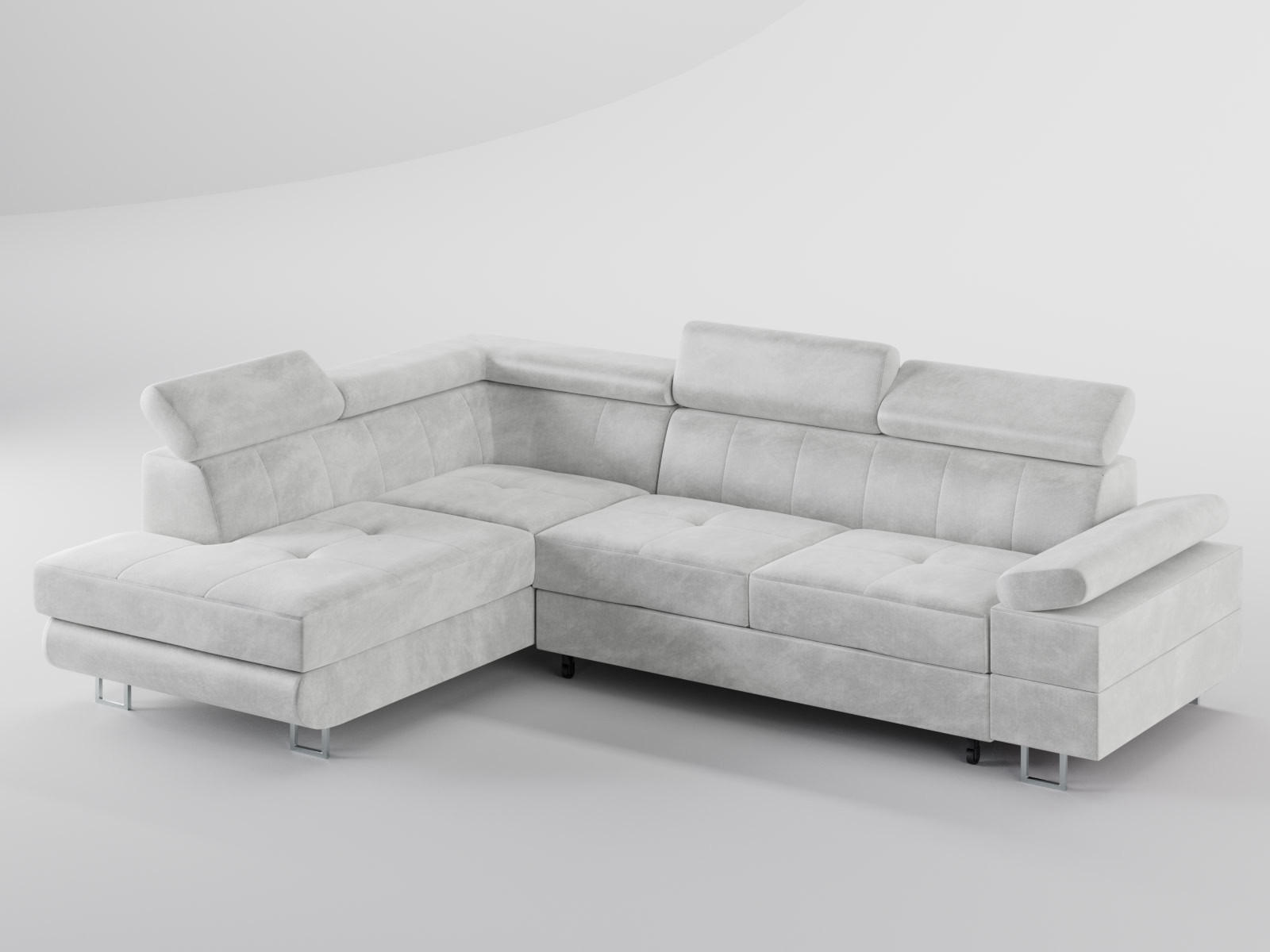 ECKSOFA CAROLINE Links Hellgrau Velours-Stoff mit Schlaffunktion und Bettkasten - Chromfarben/Hellgrau, Textil (253/190cm) - Barchello
